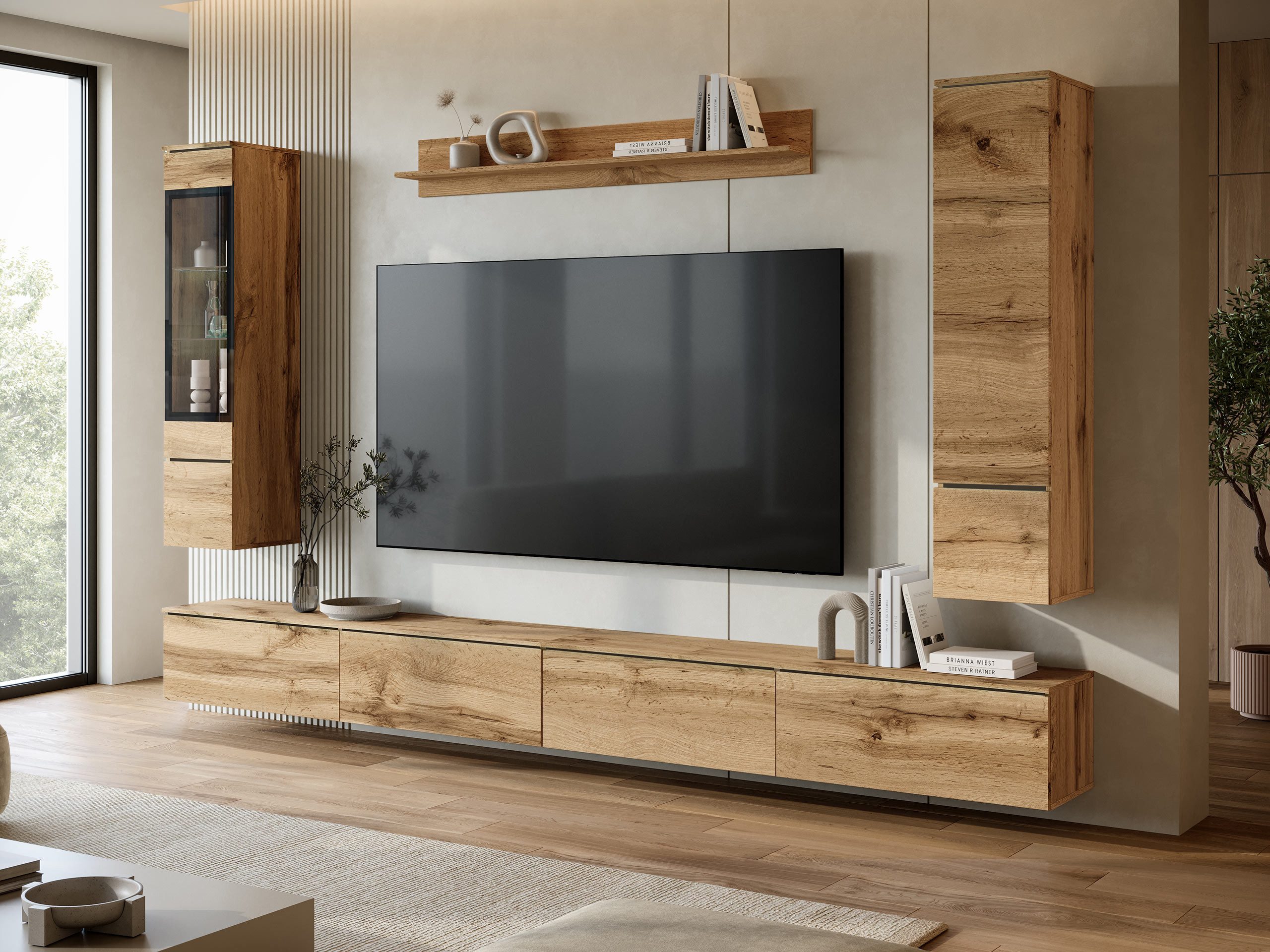 MIRJAN24 Wohnwand Vera VIII, (4er-Set, Vitrine, Glasvitrine, TV-Lowboard, Wandregal), Weiße LED-Beleuchtung, Füße im Set enthalten