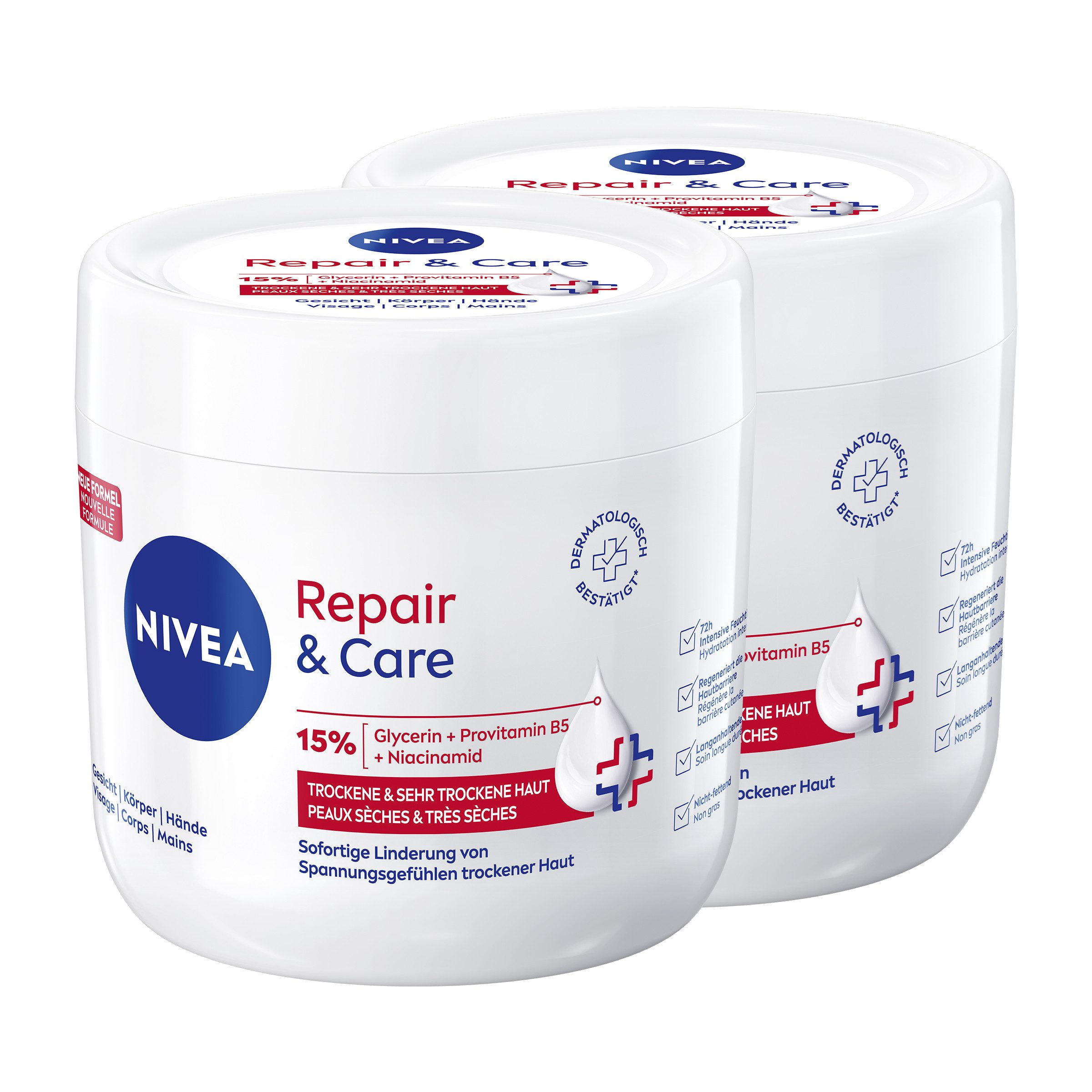 Nivea Körpercreme Repair & Care Creme 2 x 400 ml 72h Feuchtigkeit, 2-tlg., Ohne Paraffine, Silikone