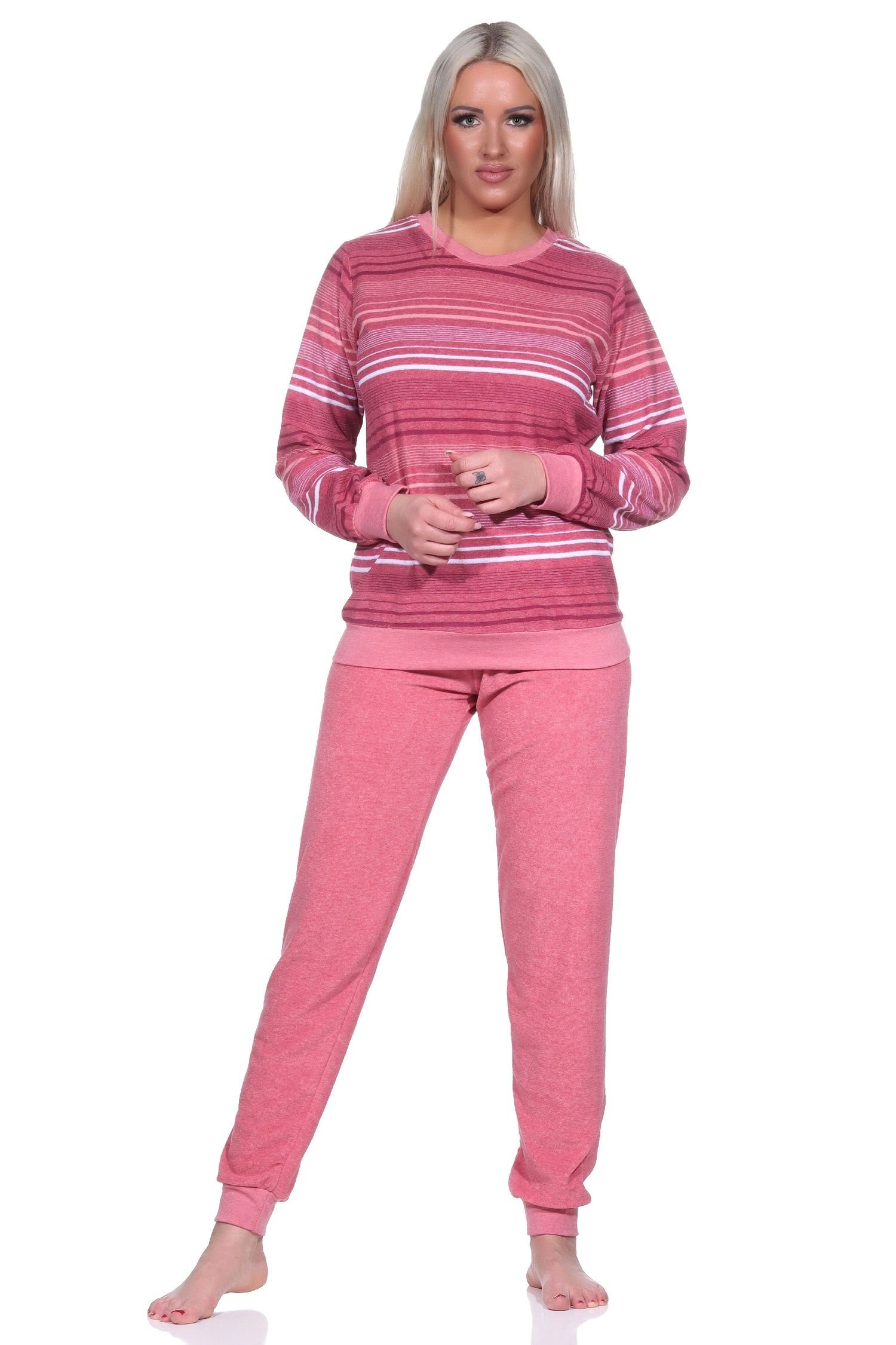 Normann Pyjama Damen Frottee Schlafanzug mit Bündchen in elegantem Streifendesign altrose
