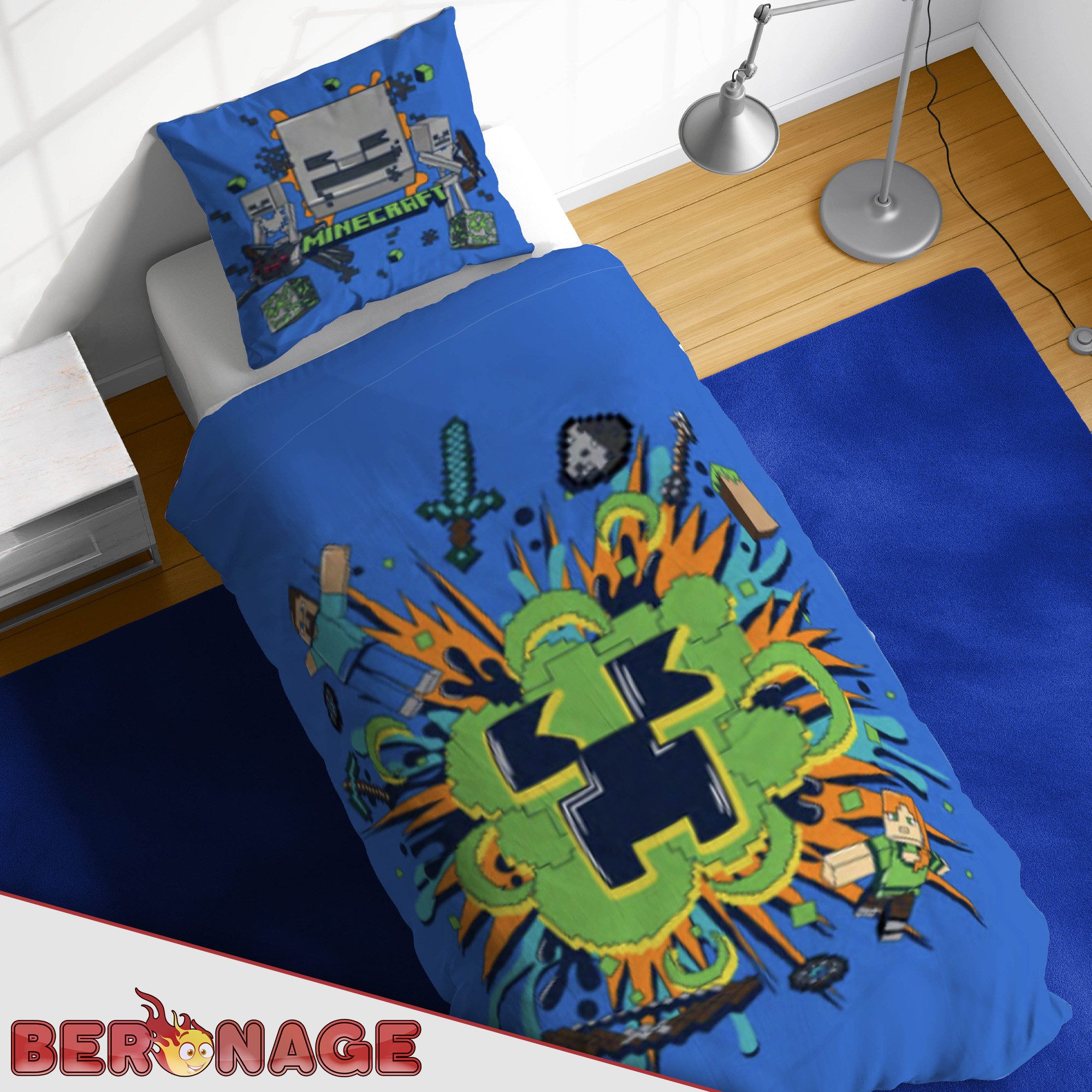 BERONAGE Wendebettwäsche Minecraft Bettwäsche Slurp Blast Biber / Flanell, Baumwolle, 2 teilig, 135x200 + 80x80 cm