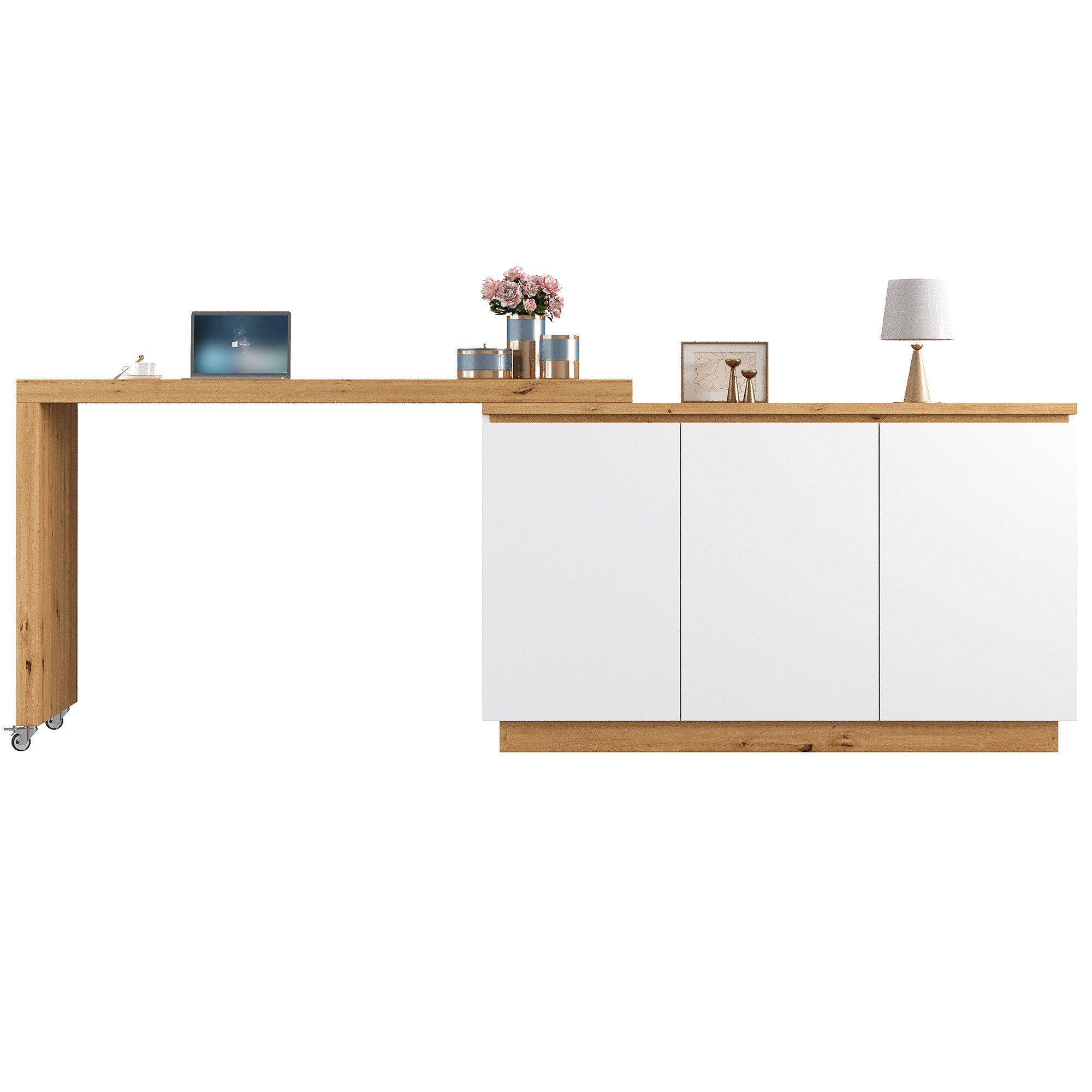 Flieks Schreibtisch 360° drehbar Tisch mit Rollen & Mehrzweckschrank mit 3 Türen (4 cm dickere Tischplatte, 1-St), beweglicher Eckschreibtisch Multifunktionssch – Bild 3 von 5