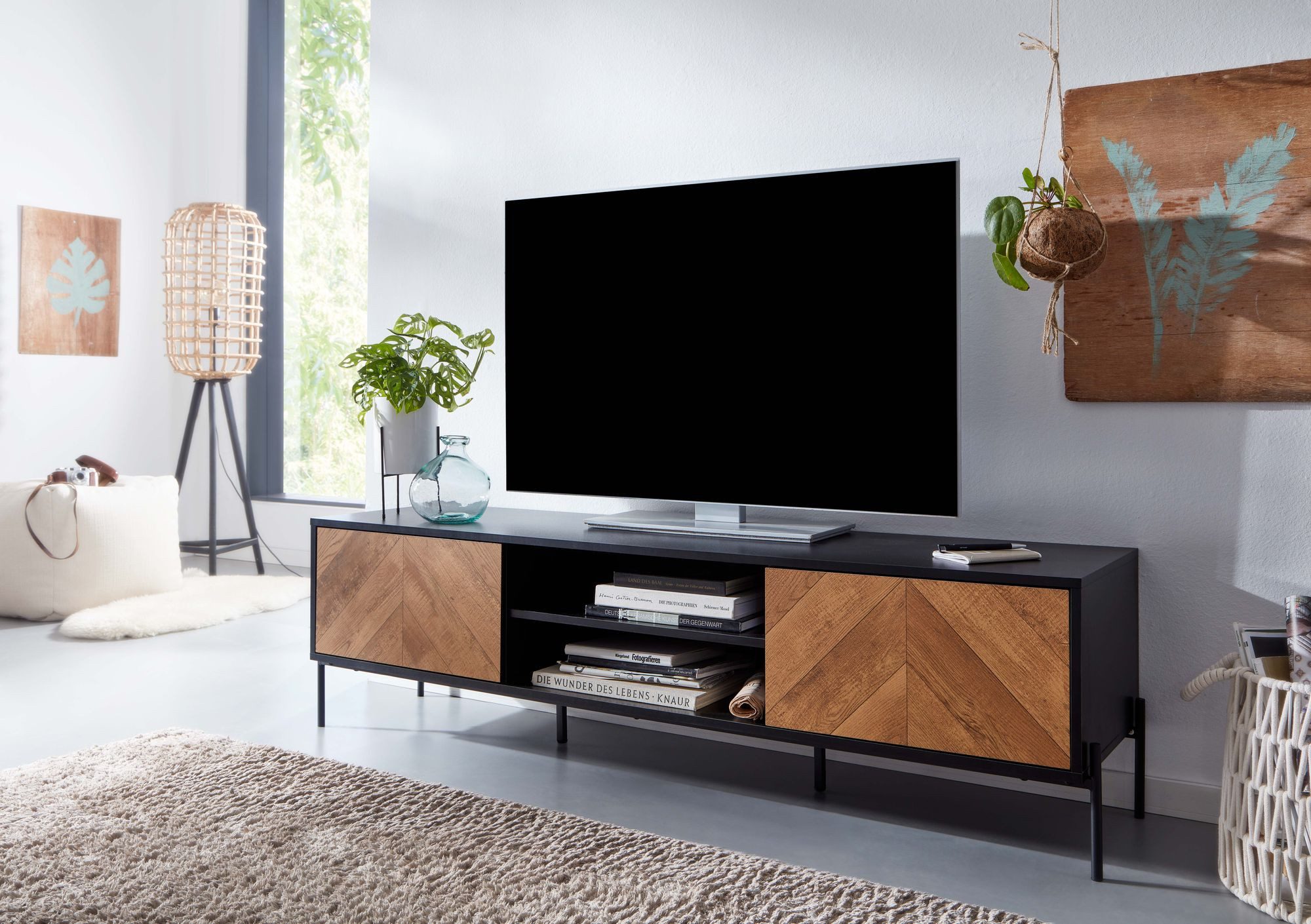 Wohnling Lowboard WL6.580 TV Schrank 163x45x40 cm Holz Fernsehkommode Fernsehschrank (Holz Schwarz / Eiche-Dekor 163x45x40 cm zwei Türen), TV-Kommode Hoch, TV-Schrank Modern, Fernsehtisch