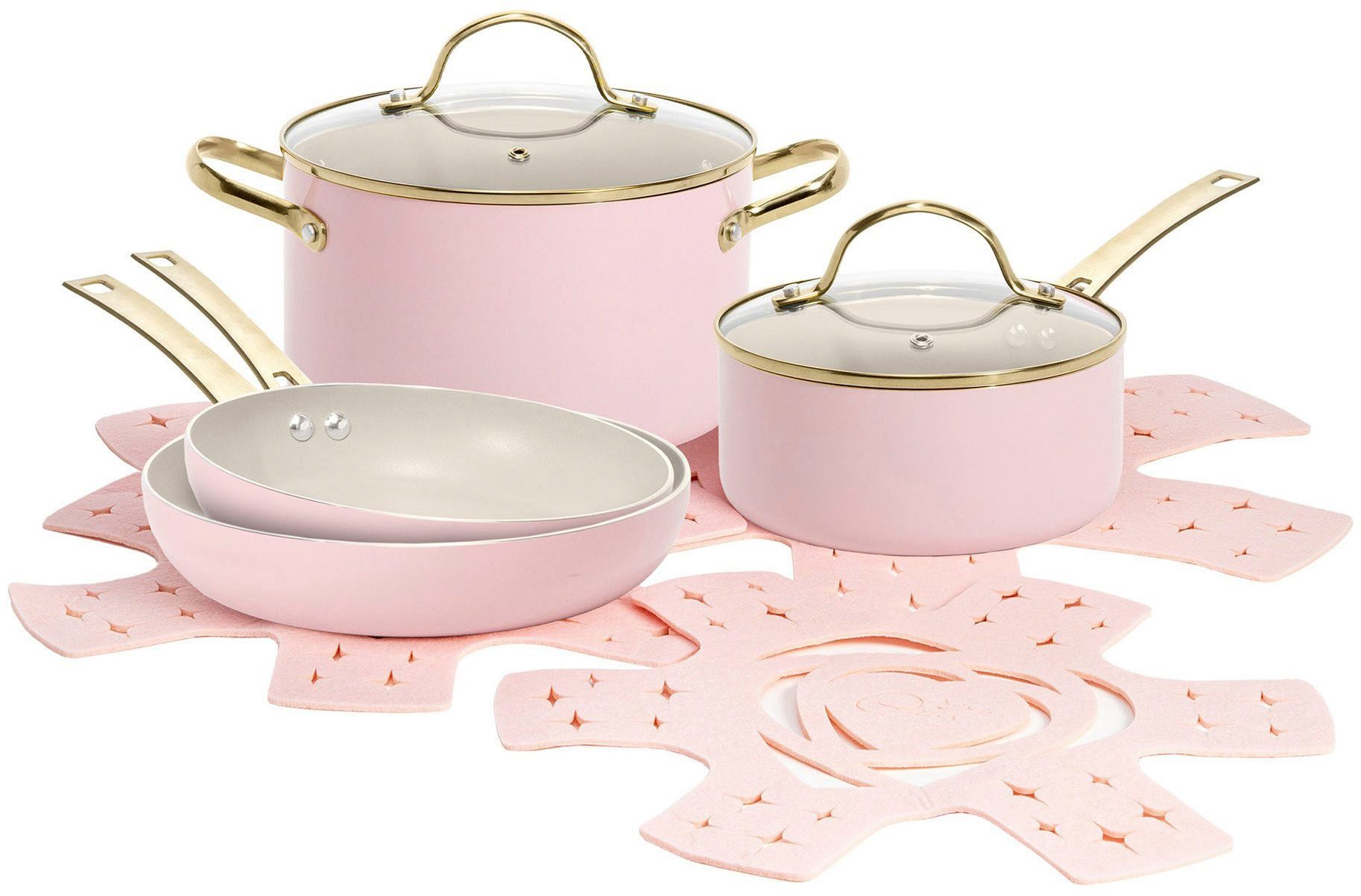 Paris Hilton Topf-Set Paris Hilton, Kochgeschirr-Set, Aluminium (Set, 10-tlg., Bratpfanne Ø 20/25 cm, Kochtopf 4l, Kasserolle 1,9l, 4 Сковородыschoner), Set aus Bratpfannen, Kochtöpfe und Сковородыschoner