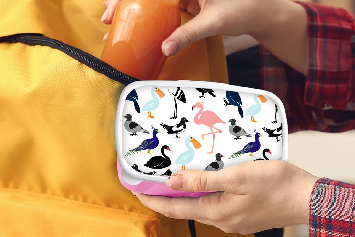 (2-tlg), - Lunchbox für Kunststoff Brotdose Brotbox Kunststoff, MuchoWow Muster Flamingo, Kinder, rosa - Snackbox, Erwachsene, Mädchen, Vogel