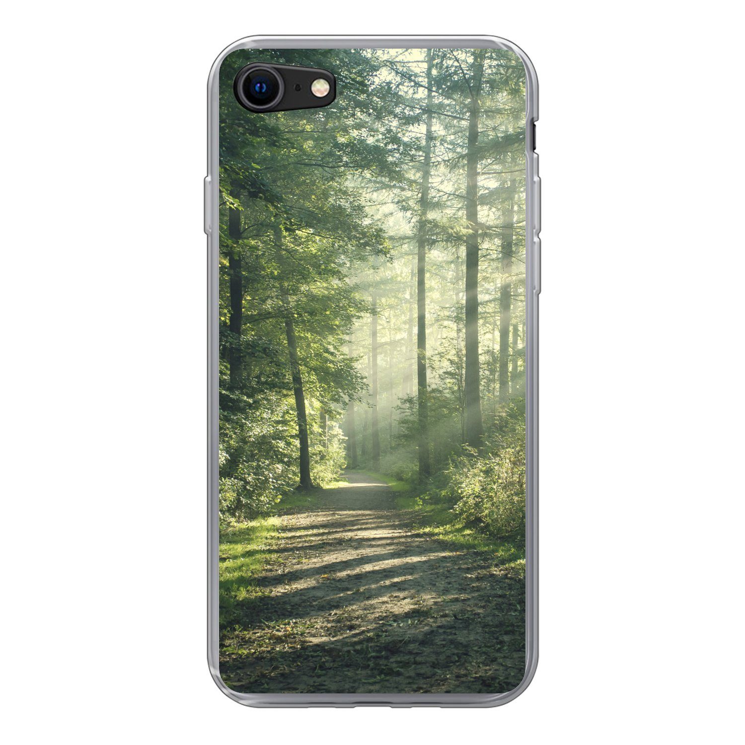 MuchoWow Handyhülle für Apple iPhone 8 Wald - Weg - Sonne - Bäume - Grün - Natur, Smartphone-Bumper, Print, Handy Schutzhülle Dünn