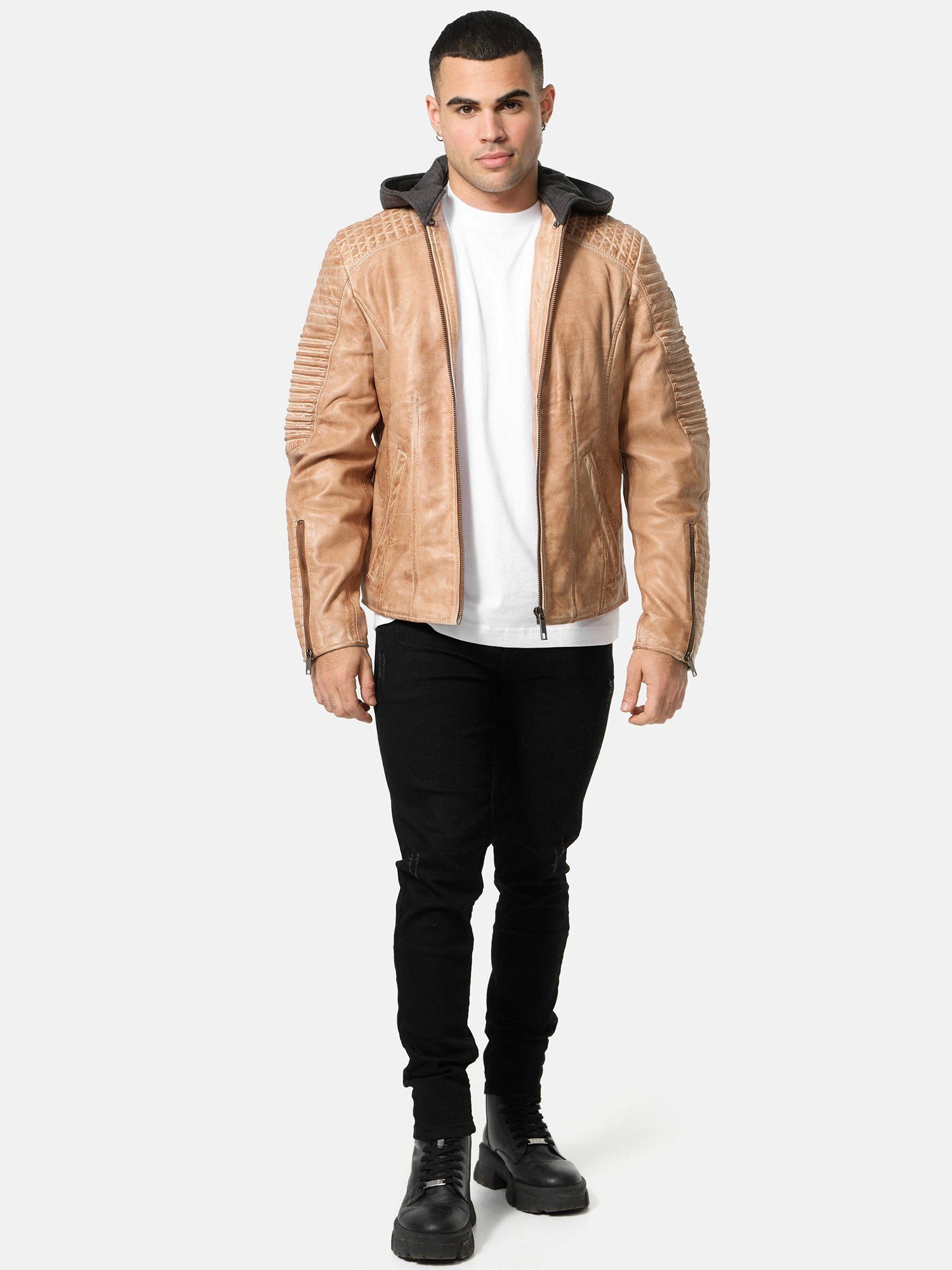 Tazzio Lederjacke A800 Biker-Look mit abnehmbarer Kapuze