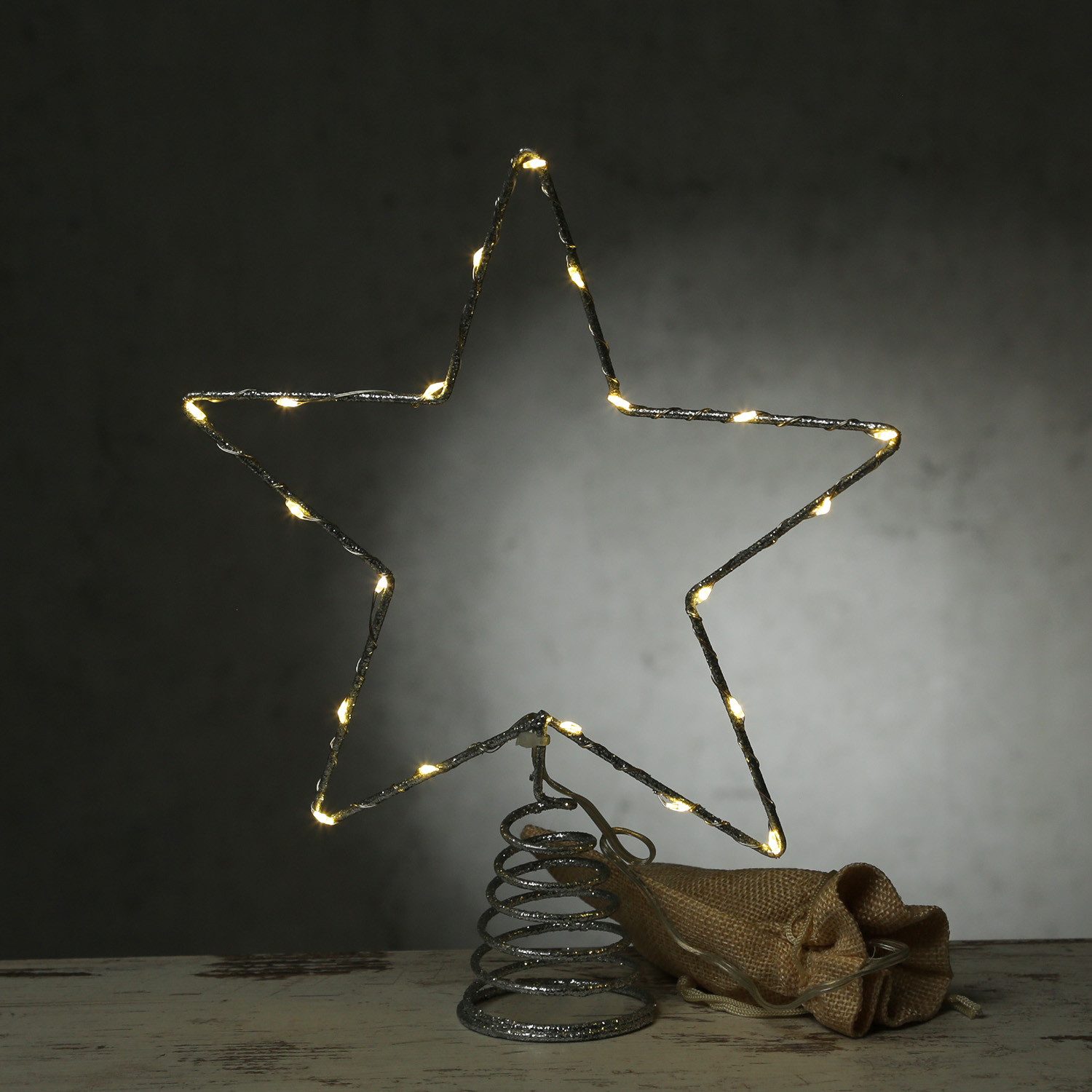 MARELIDA Christbaumspitze LED Weihnachtsbaumspitze Stern mit Glitzer beleuchtet 27cm silber