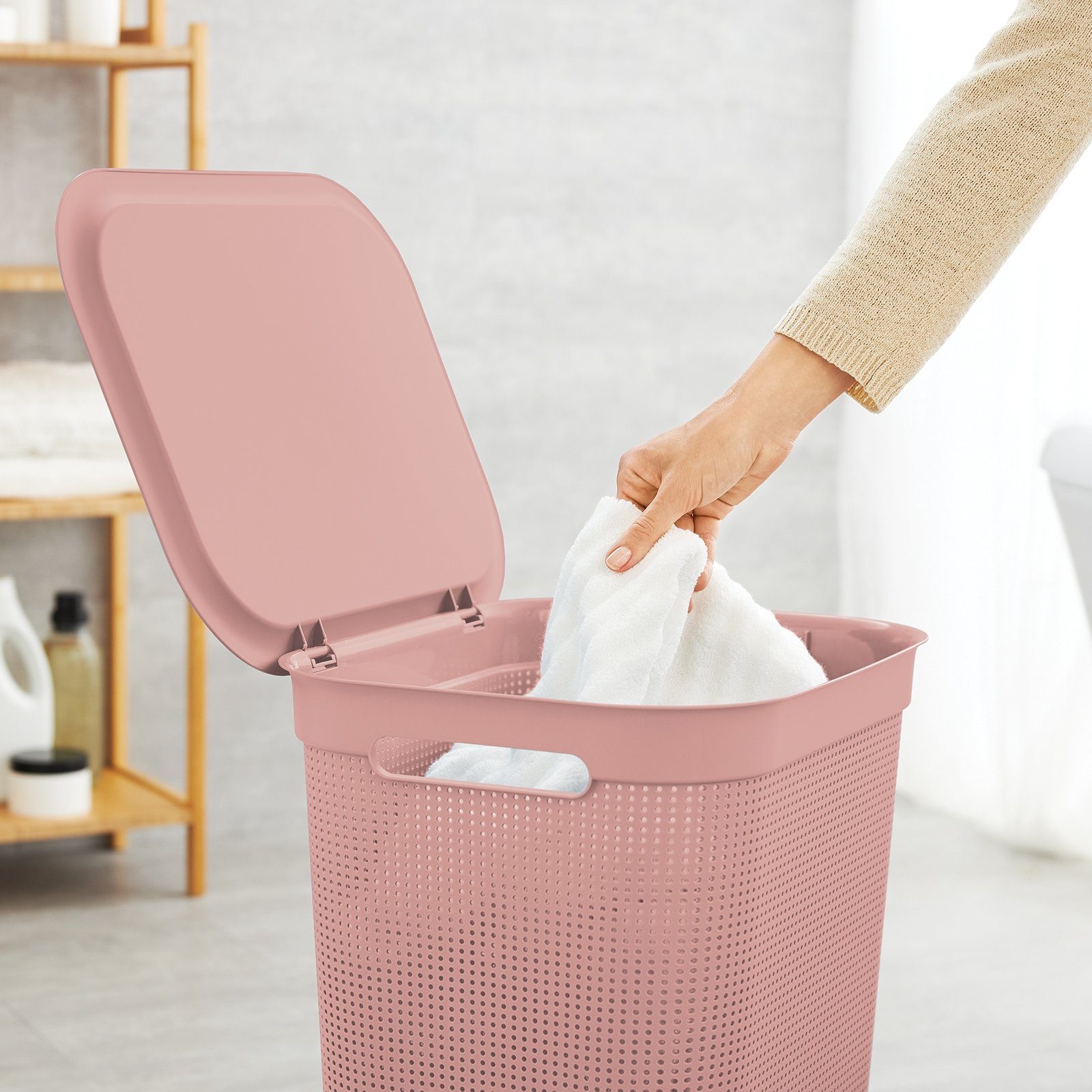ROTHO Wäschekorb Kunststoff Deckel und (PP) ged. BPA-frei 2 Wäschesammler Linnea pink 2er-Set mit 50l Brisen Griffen