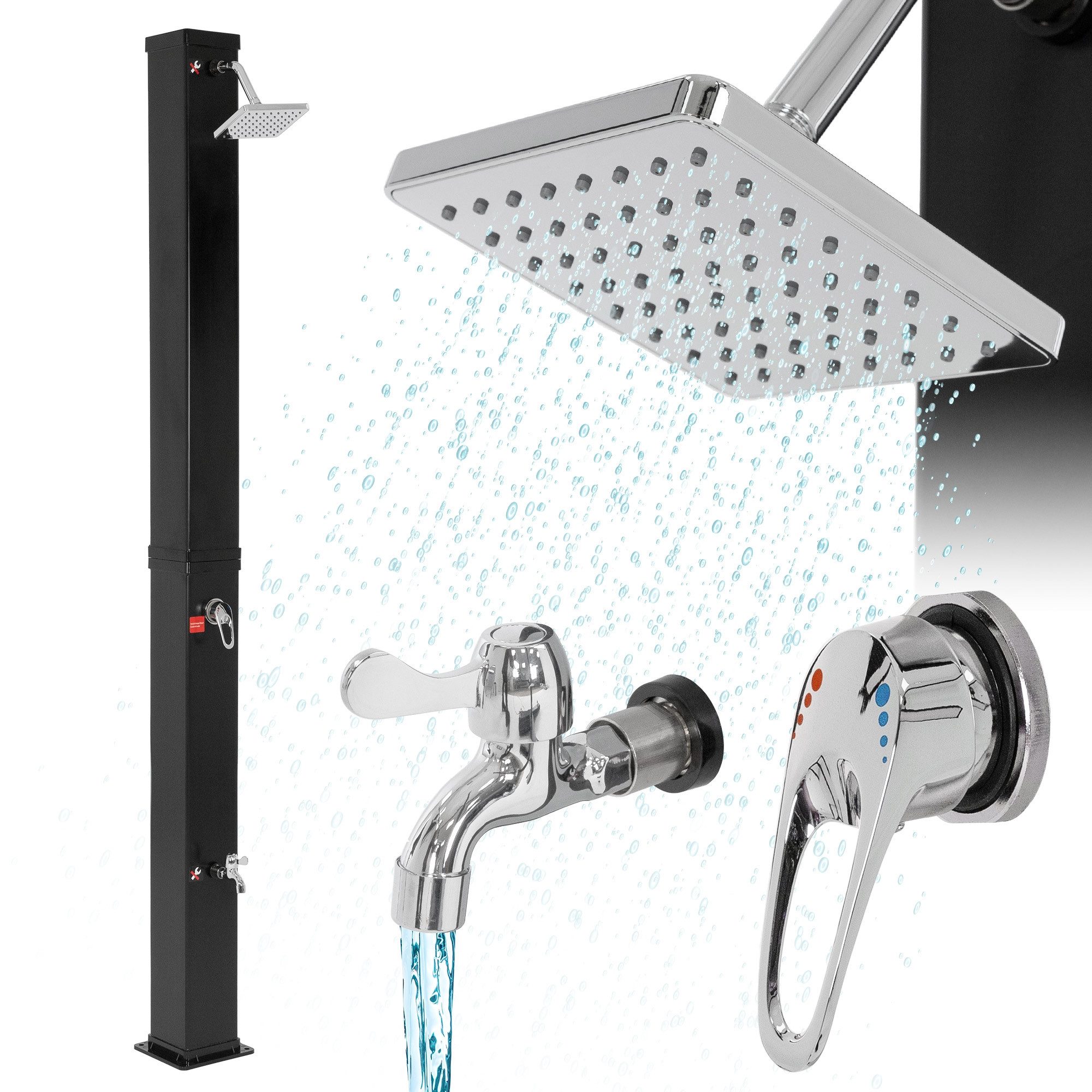 ML-DESIGN Solardusche Gartendusche Außendusche Pooldusche Regendusche bis 60°C ohne Strom (1 St), 40L eckig Schwarz mit Fußdusche und Regenduschkopf warmes Wasser 217cm