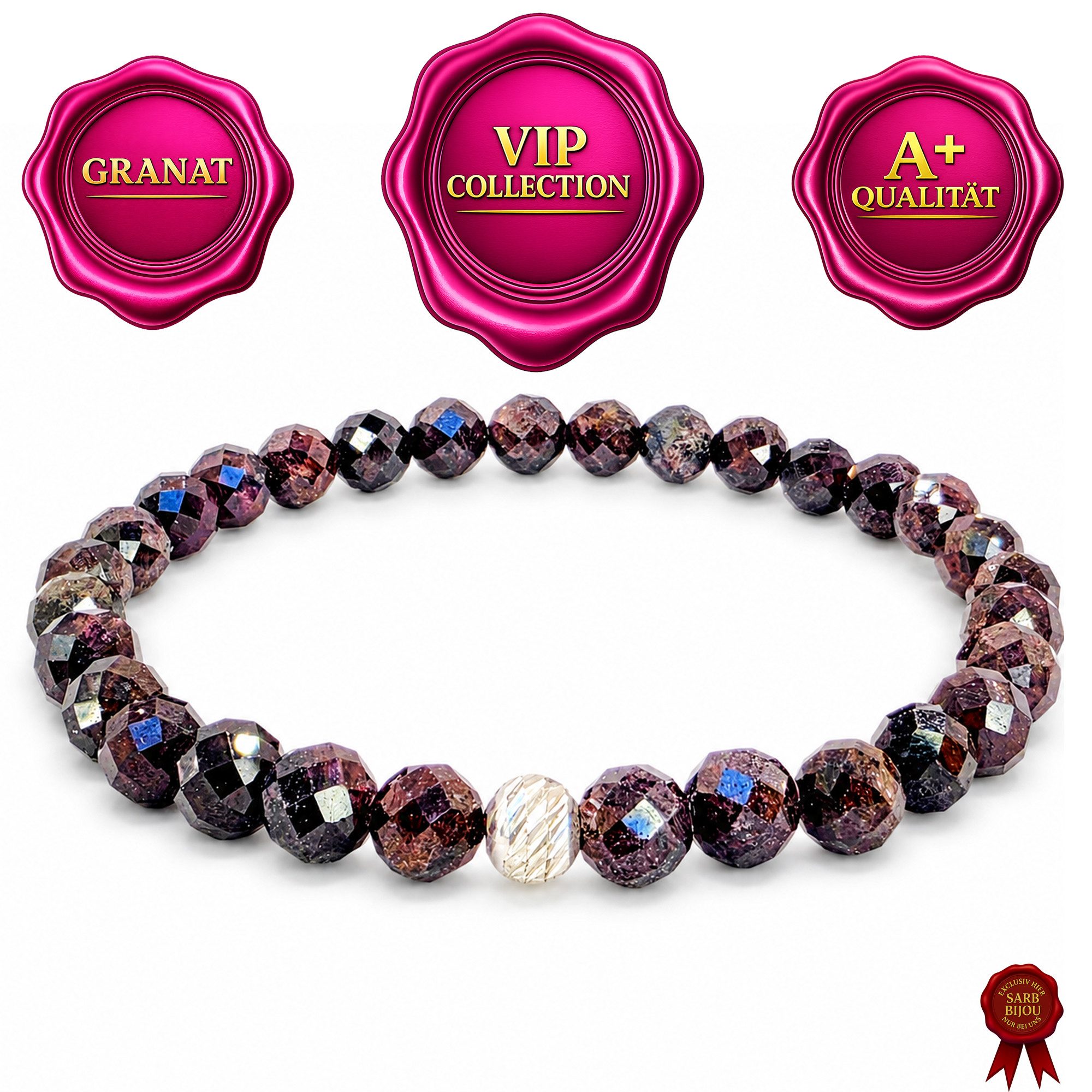 M-Punkt24 Armband Damen Armband 100% Echter Edelstein (GRANAT, 6 mm, Natur, 925 Echt-Silber-Verschluss), Gummizug, inkl. Etui, SONDERPREIS wegen Produkt-Neuheit