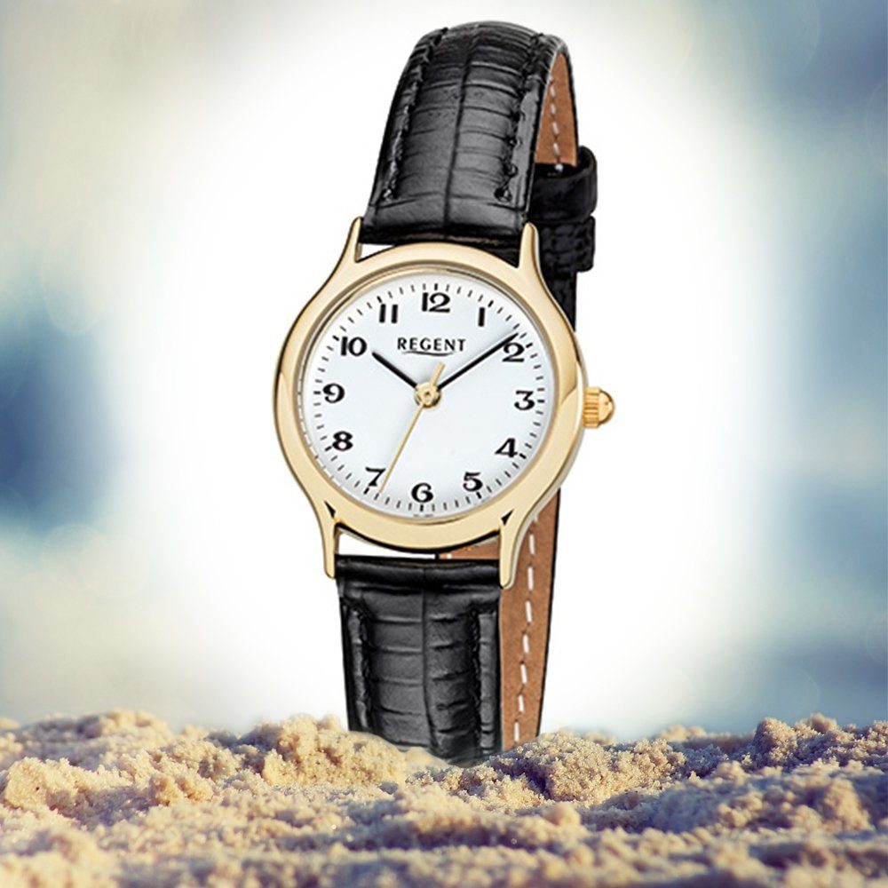 Regent Quarzuhr Regent Damen-Armbanduhr Lederarmband (ca. schwarz 24mm), Damen Armbanduhr rund, klein Analog