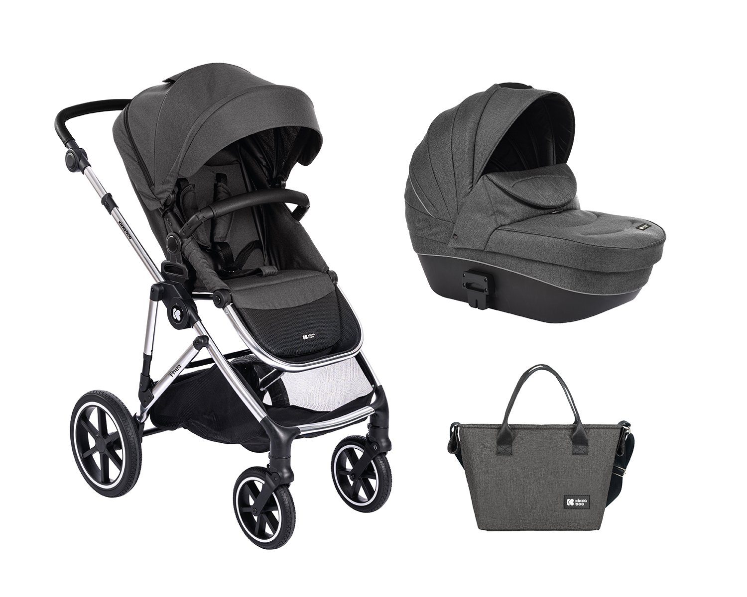 Kombi-Kinderwagen Thea Fußabdeckung, 2 Kinderwagen 1, Babywanne, Wickeltasche, dunkelgrau Kikkaboo Korb in