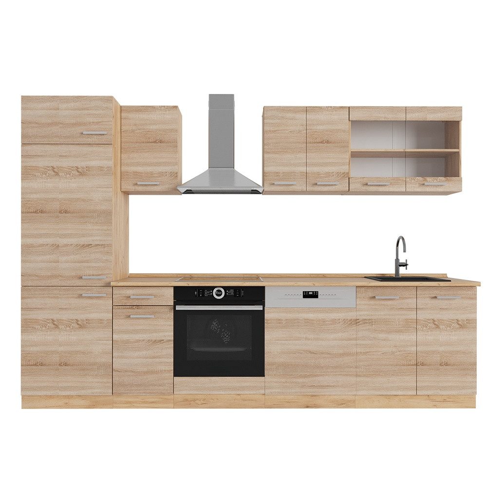 Vicco Küchenzeile R-Line, Sonoma/Goldkraft Eiche, 300 cm ohne Arbeitsplatte