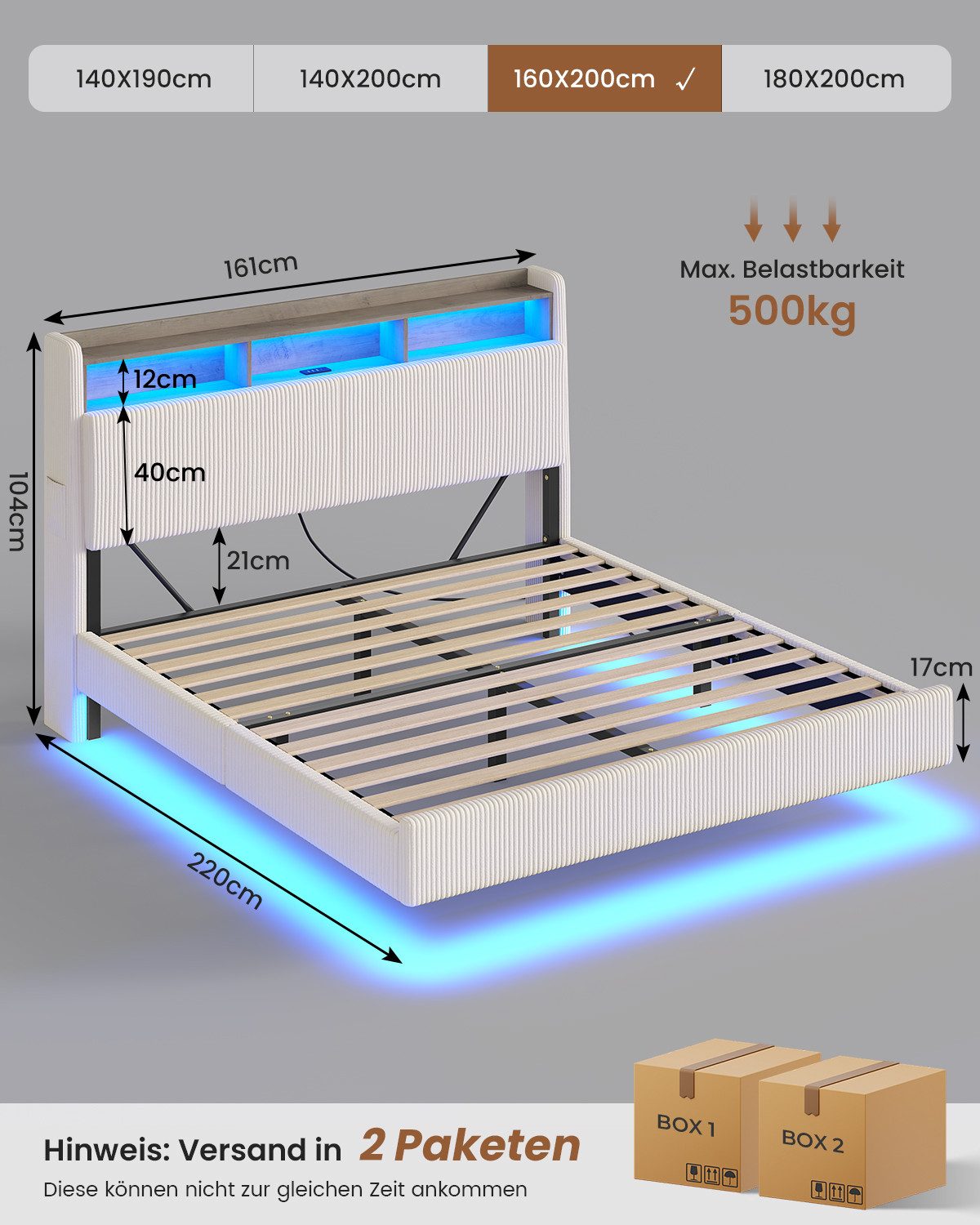 MSMASK Polsterbett Schwebebett mit 270°-LED-Beleuchtung, USB & Type-C Ladestation (Ohne Matratze), Doppelbett mit Stauraum-Kopfteil 160x200 cm – Bild 2 von 5