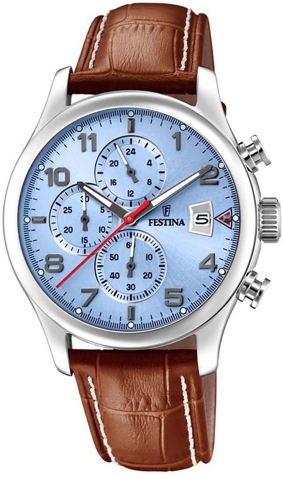 Festina Chronograph Festina Herren Uhr F20375/5 Leder, Herren Armbanduhr  rund, Lederarmband hellbraun, Leuchtzeiger