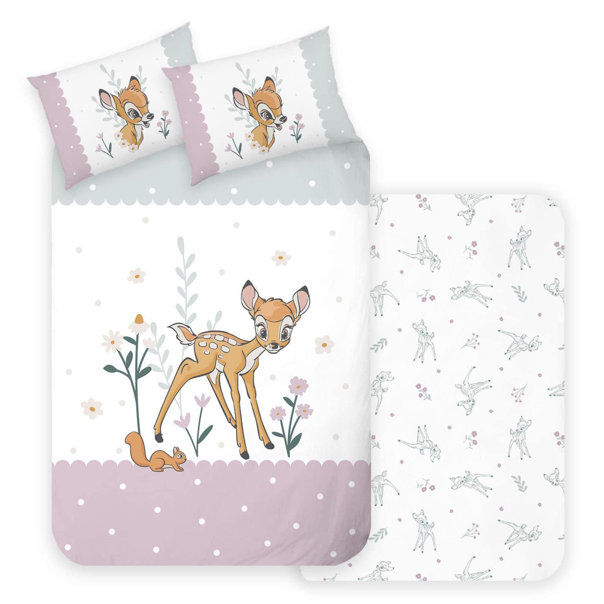 Kinderbettwäsche Disney Bambi Baby / Kleinkind Bettwäsche Flower Linon / Renforcé, BERONAGE, 100% Baumwolle, 2 teilig, 135x100 + 60x40 cm
