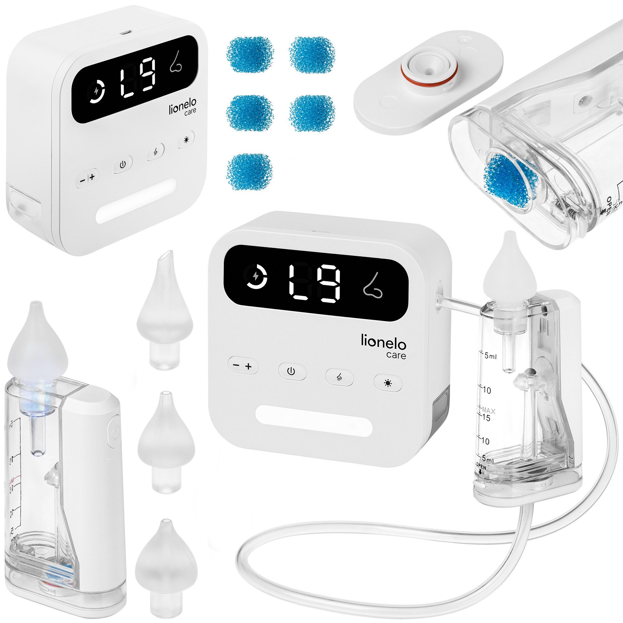 lionelo Nasensauger BABYAIR FLOW, Set, Komplettset mit Aufsätzen, Zubehör und USB-C-Kabel, 9Stufen/Nachtlicht/7,5lmin/65kPa/Akku2,5h