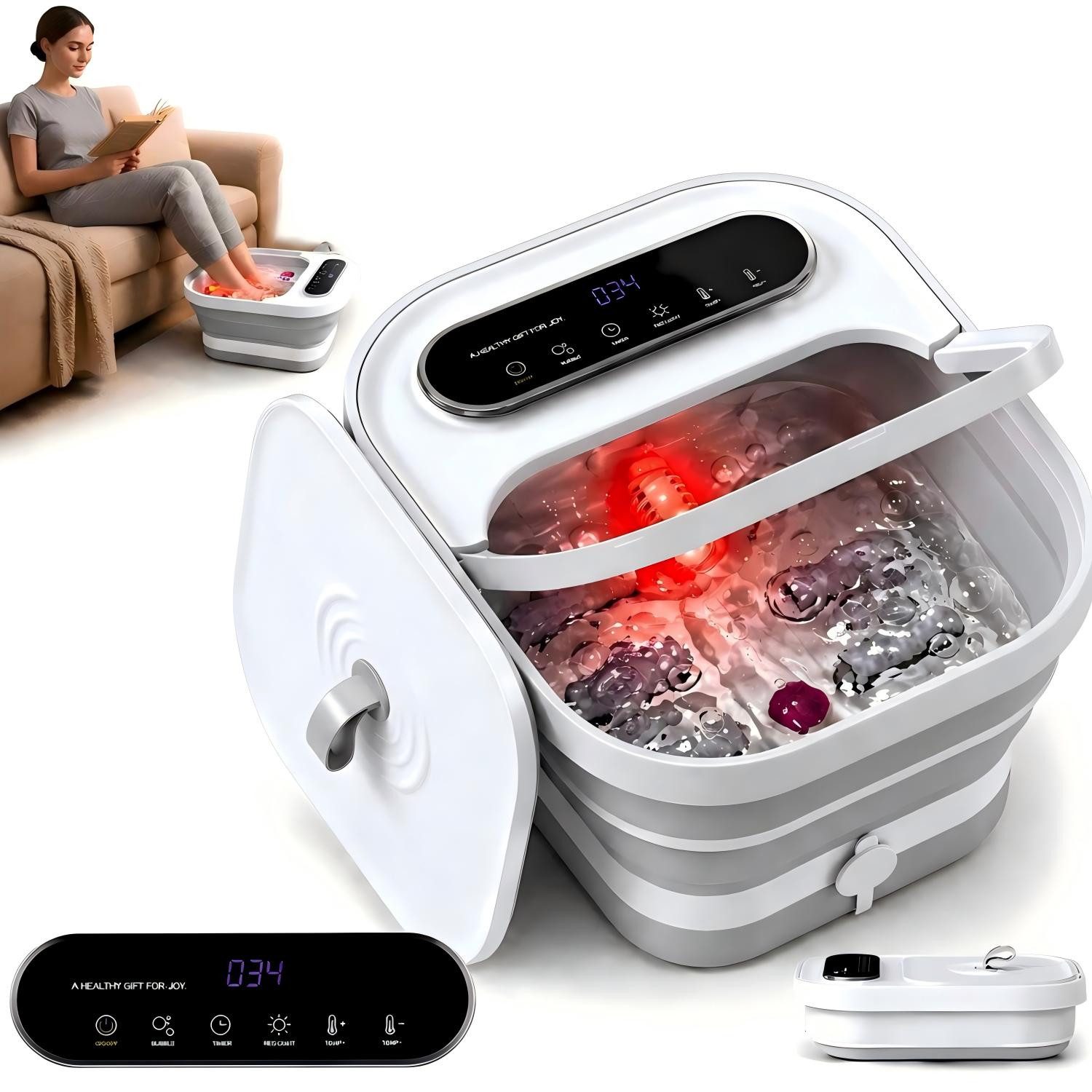 SWGOTA Fußbad Fußbad PTC-Heizung & Massage klappbar ideal für Senioren & Homeoffice, Klappbares Fußmassagegerät, LED-Temperaturregelung & Rotlicht, 6 Massagerollen mit Bimsstein