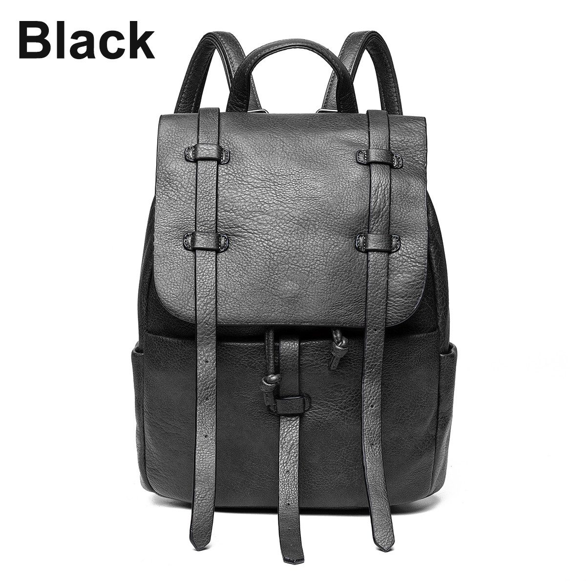 Large Designer Rucksack JOSEKO Rucksack Schwarzer Kunstleder-Rucksack mit 3 vertikalen Riemen ...