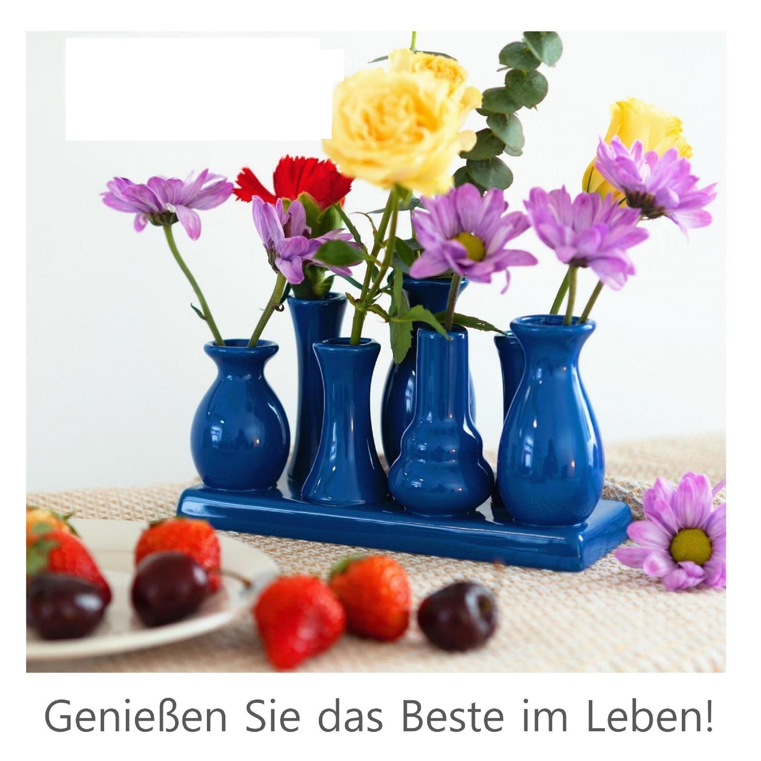 Jinfa Dekovase Handgefertigte kleine Keramik Set (7 Tablett Blumenvasen auf verbunden einem Deko blau), auf Vasen
