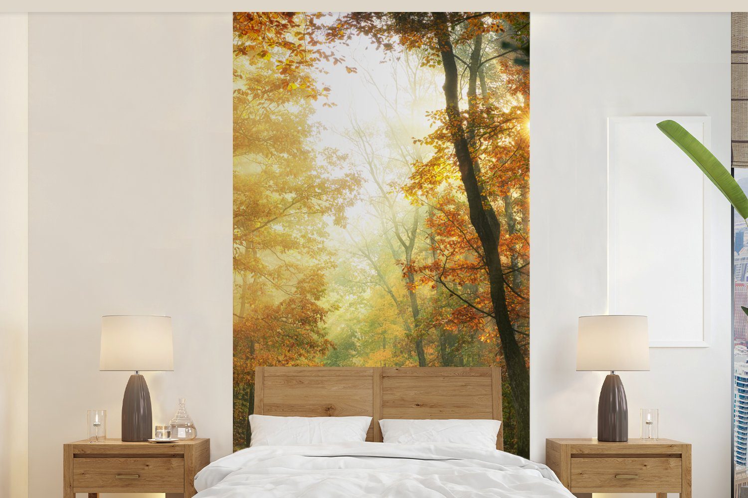 MuchoWow Fototapete Wald - Herbst - Sonne - Landschaft - Natur - Bäume - Laub, Matt, bedruckt, (2 St), Vliestapete für Wohnzimmer Schlafzimmer Küche, Fototapete