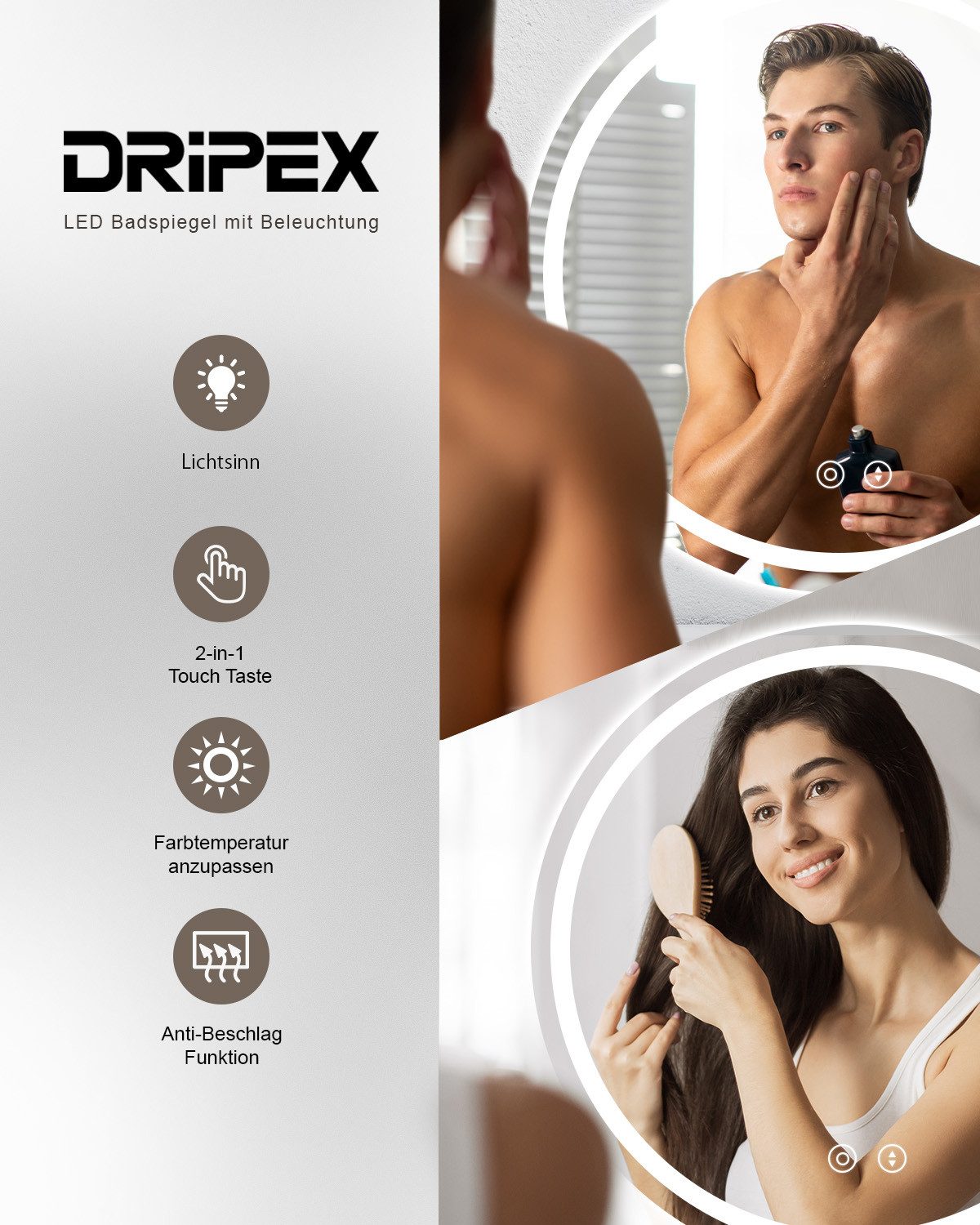 Dripex Badspiegel Rund Badezimmerspiegel LED mit UHR / Bluetooth-Lautsprecher, Dimmbar, 3 Lichtfarbe Einstellbar, Beschlagfrei – Bild 3 von 5