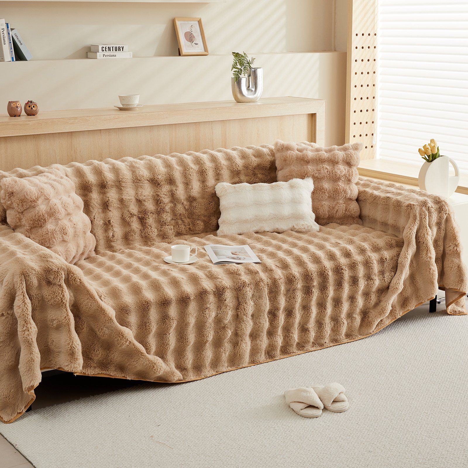 Sofahusse Zottelig, warm, Wellendesign, Khaki Rosnek, 180×180;180×230;180×300cm rutschfest, Winter Bett, für B×L: Sofas
