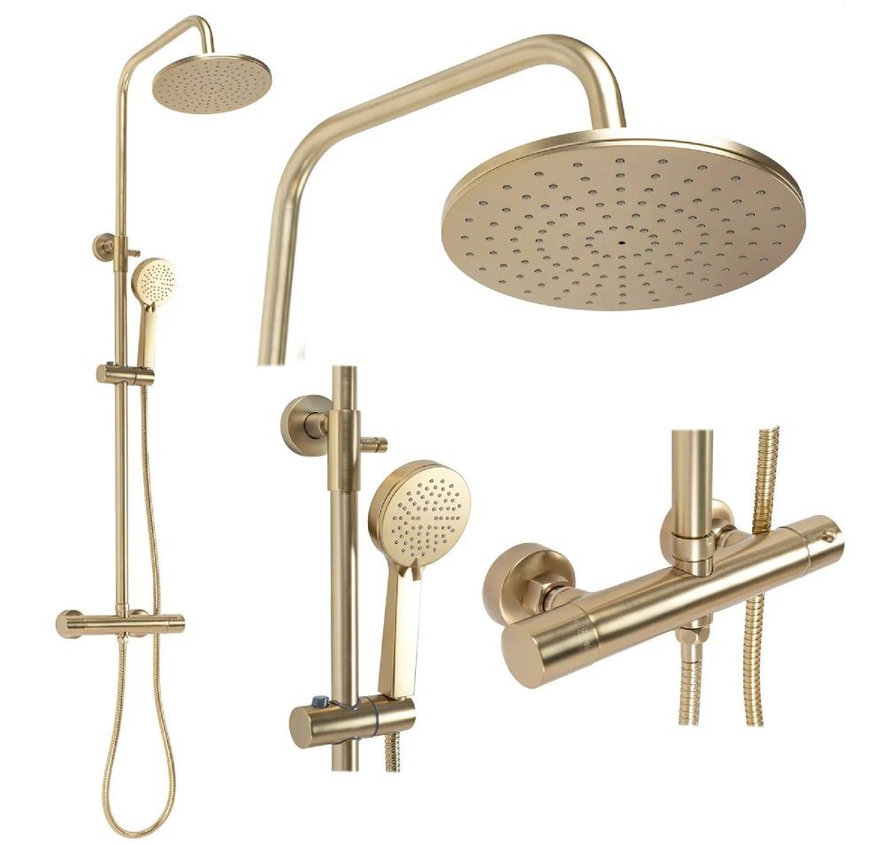 wohnwerk.idee Duschsystem Dusche Regendusche Duschgarnitur mit Thermostat Parot Matt Gold, 2 Strahlart(en)