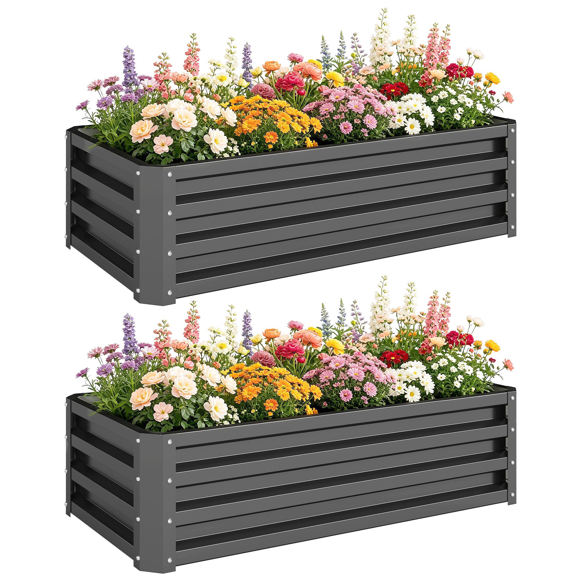 OKWISH Hochbeet Metall 2er Set 110 x 50 x 30 cm Dunkelgrau Garten Balkon (2 St., Pflanzkübel aus Metall für Terrasse Garten Kräuter Blumen), Pflanzbeet mit offenem Boden Blumenkasten Gemüsebeet Outdoor