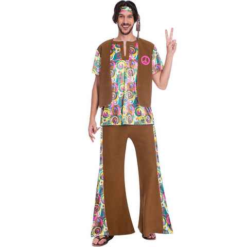 Amscan Hippie-Kostüm 60er 70er Jahre Hippie Kostüm "Psychedelic" für Herrn - Braun, Anzug und Stirnband