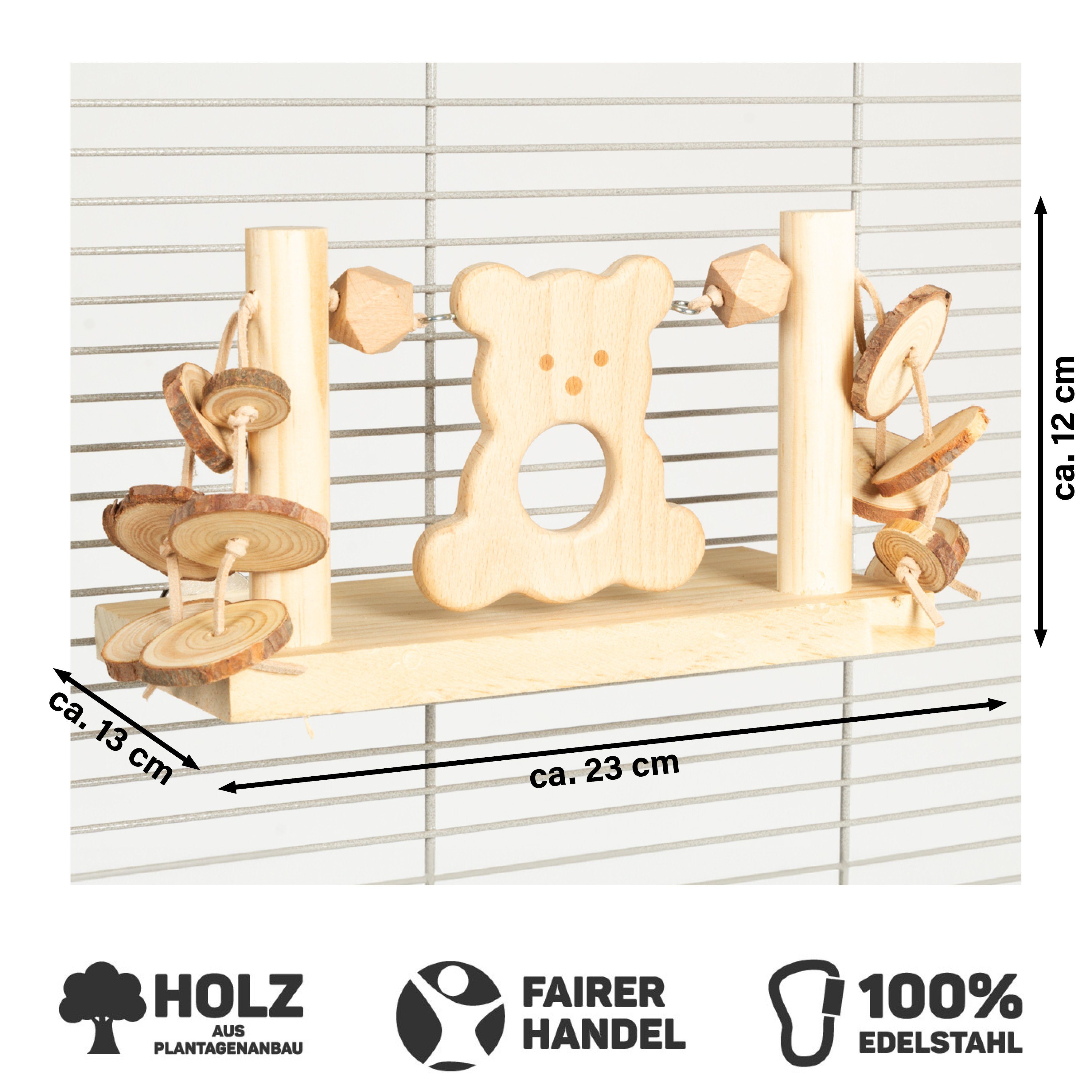 Happy Bird Vogelspielplatz Vogelspielzeug "Bearie Swing", Käfigwand-Holzspielzeug, Bärchenfigur für Papageien, ca. 23x12x13 cm