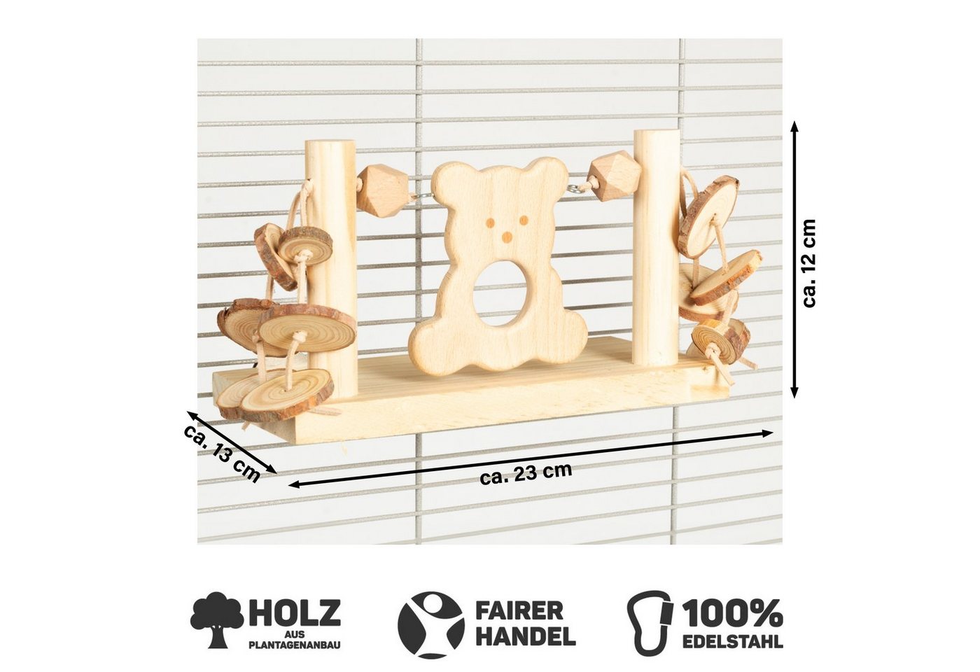 Thumbnail - Happy Bird Vogelspielplatz Vogelspielzeug "Bearie Swing", Käfigwand-Holzspielzeug, Bärchenfigur für Papageien, ca. 23x12...