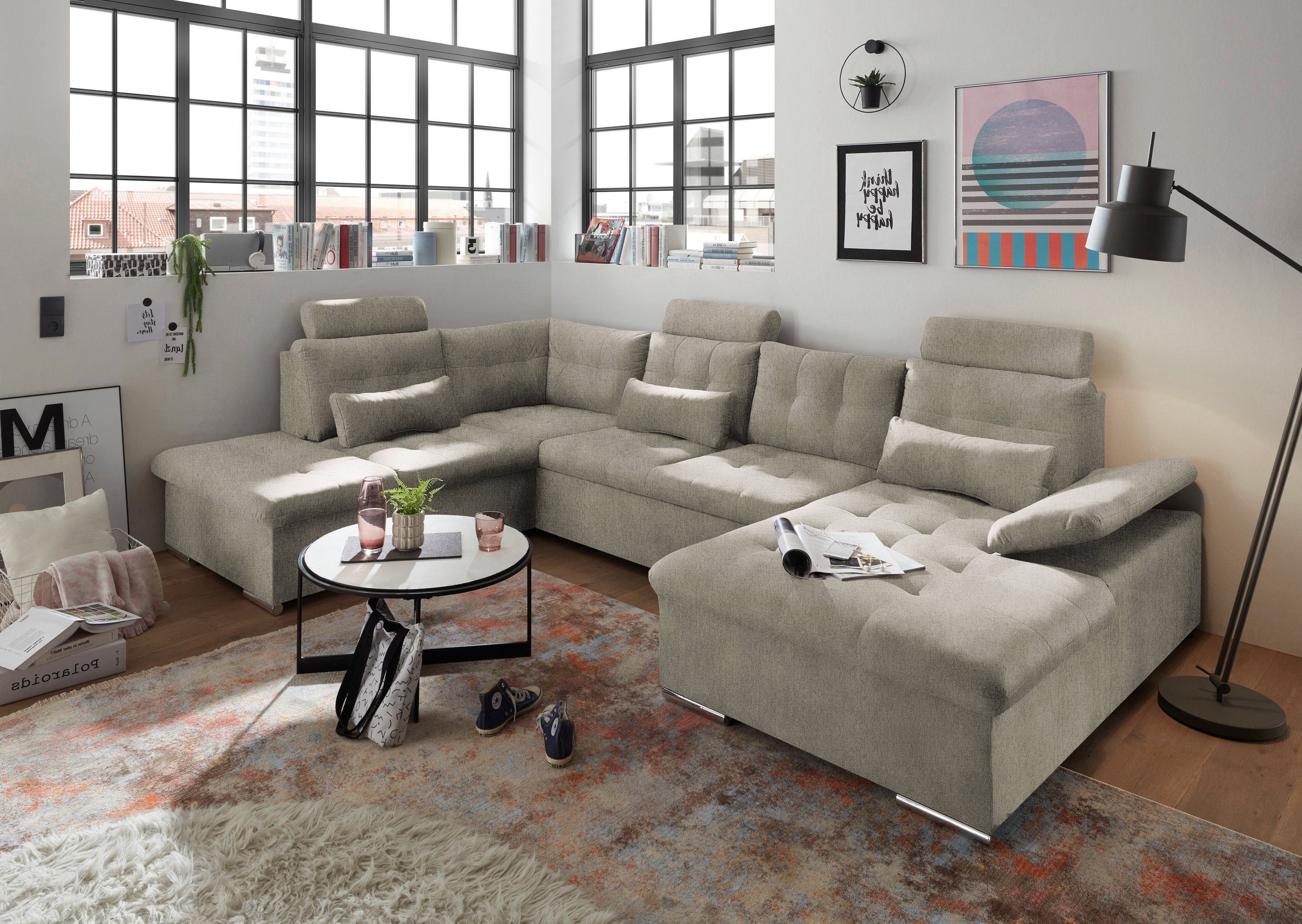 ED EXCITING DESIGN Wohnlandschaft Jakarta U-Form mit Bettfunktion, Bettkasten, Armteilverstellung, Kopfstützen & 3 Nierenkissen