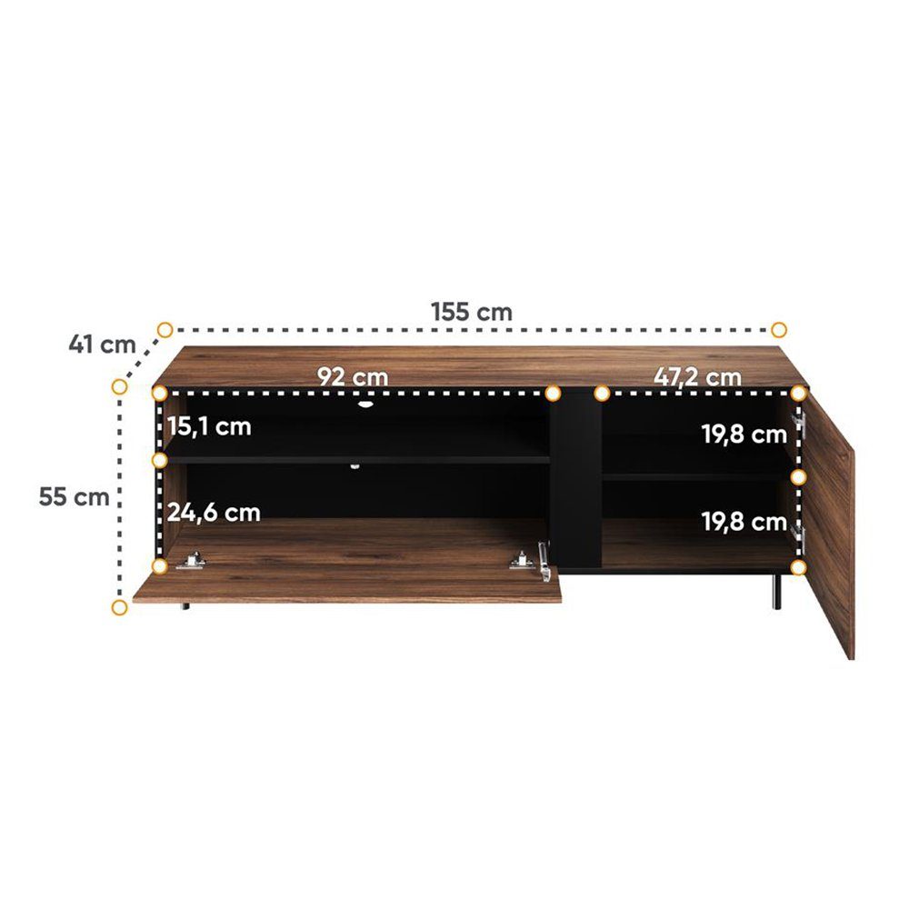 Compleo TV-Schrank BIANCA Loft Wohnzimmer, 155 / Breite: Möbelfarbe: Lowboard catania schwarz eiche cm für
