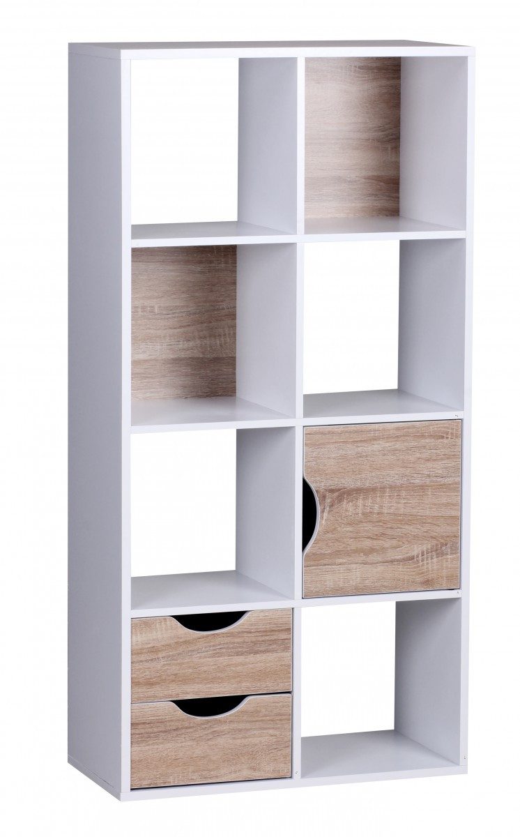 Wohnling Standregal WL1.429 Bücherregal MASSA Bücherwand Raumteiler Regal Weiß Sonoma, 60 x 120 x 29 cm Weiß / Sonoma Eiche, Bücherregal, Flurregal mit Schubladen und Tür, Regal Modern