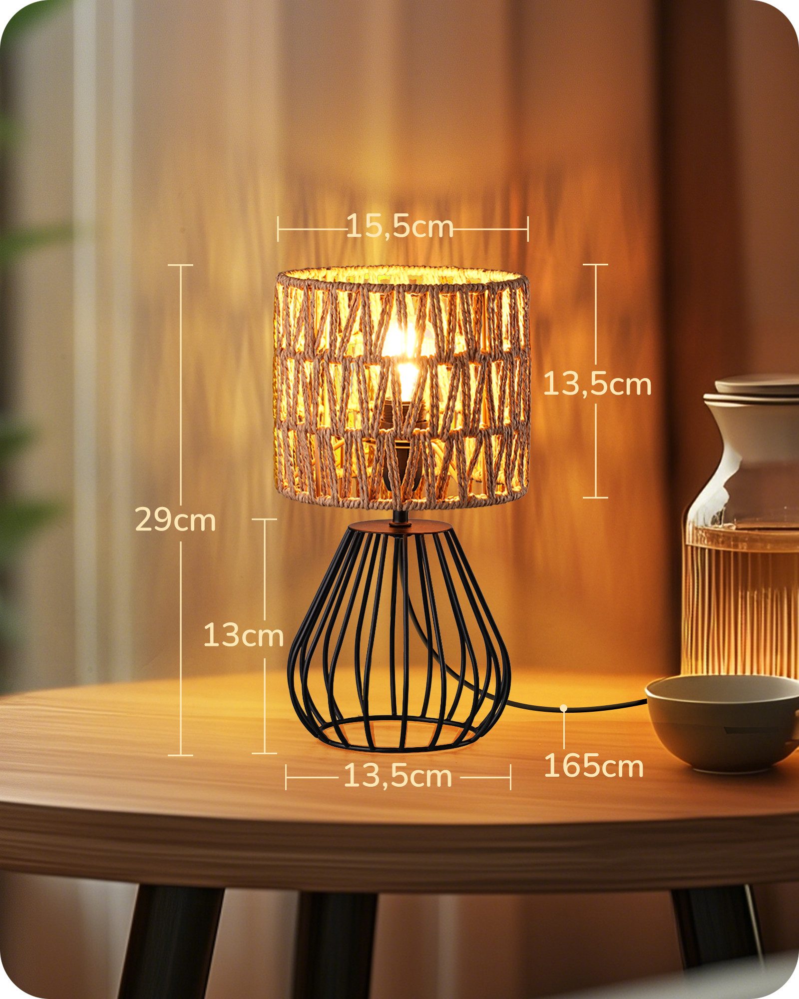 EDISHINE Nachttischlampe Dekolampe H29 cm mit Metallfuß, LED wechselbar, 2700 K Warmweiß, Vintage Tischleuchte mit E14 Leuchtmittel, für Fensterbank, Geschenk – Bild 4 von 5