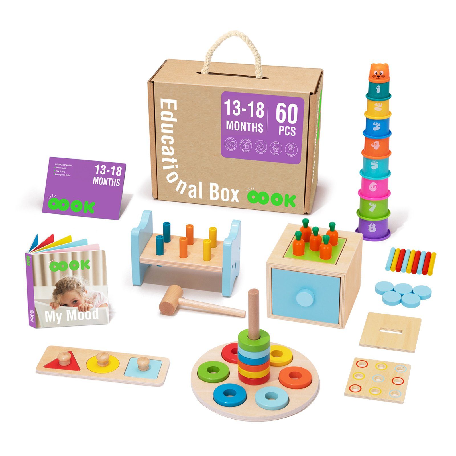 OOOK Lernspielzeug 7 in 1 pädagogisches Holzspielzeug Set (Multifunktionelles Spielzeug-Set, 60-St., Montessori-Spielzeug für die Früherziehung), klopfbank Stapelspiel Bausteine Steckpuzzle ab 12 Monaten