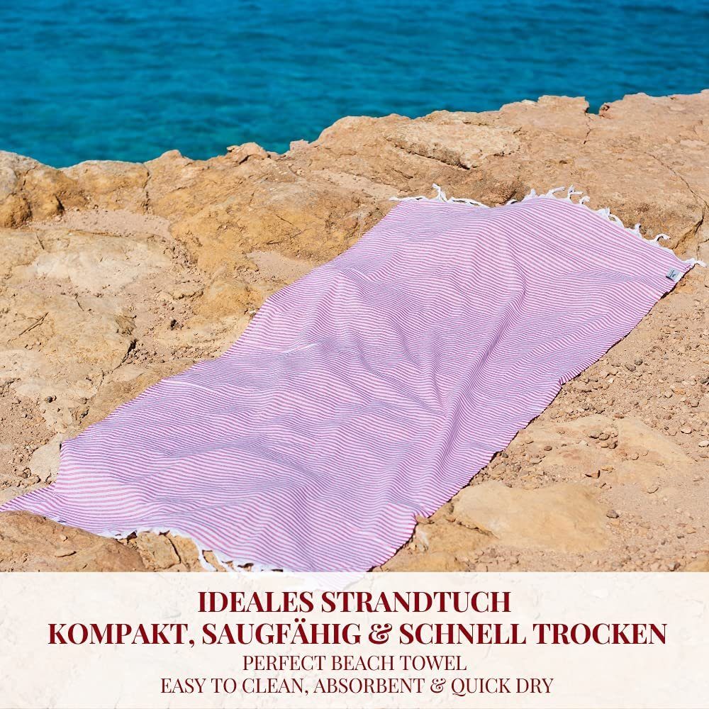 Strandtuch, rot leichtes Baumwolle Fouta Packmaß Hamam sehr x kleines für Hamamtuch extrem Handtuch 90 180 Handtuch Backpacker cm leichtes Carenesse Streifen (1-St), Pestemal