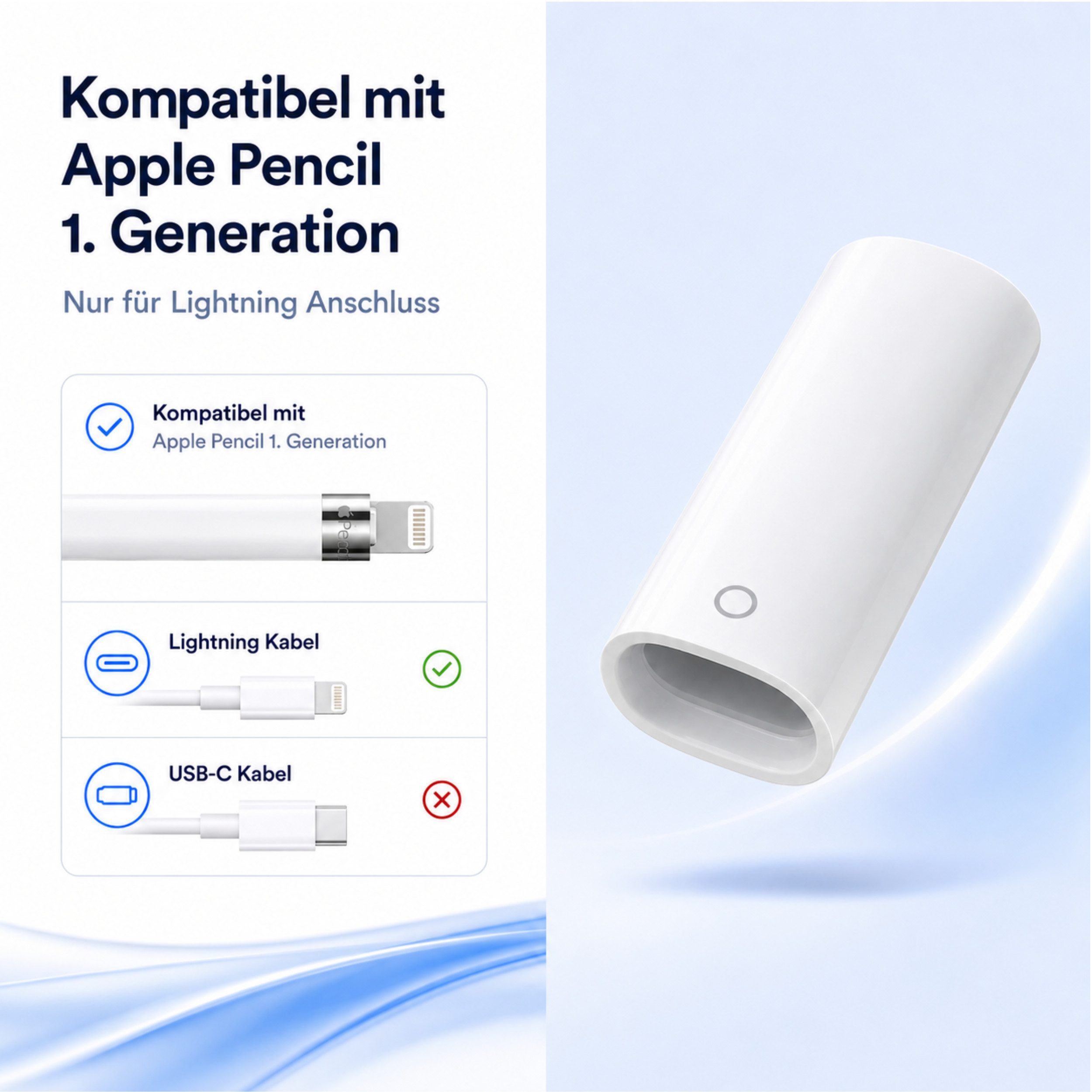 PlugUp Apple Pencil Ladeadapter für Apple Pencil 1. Generation Konnektor Tablet-Adapter Lightning zu Lightning, Lightning zu Lightning Ladeadapter für die 1. Generation Apple Pencil
