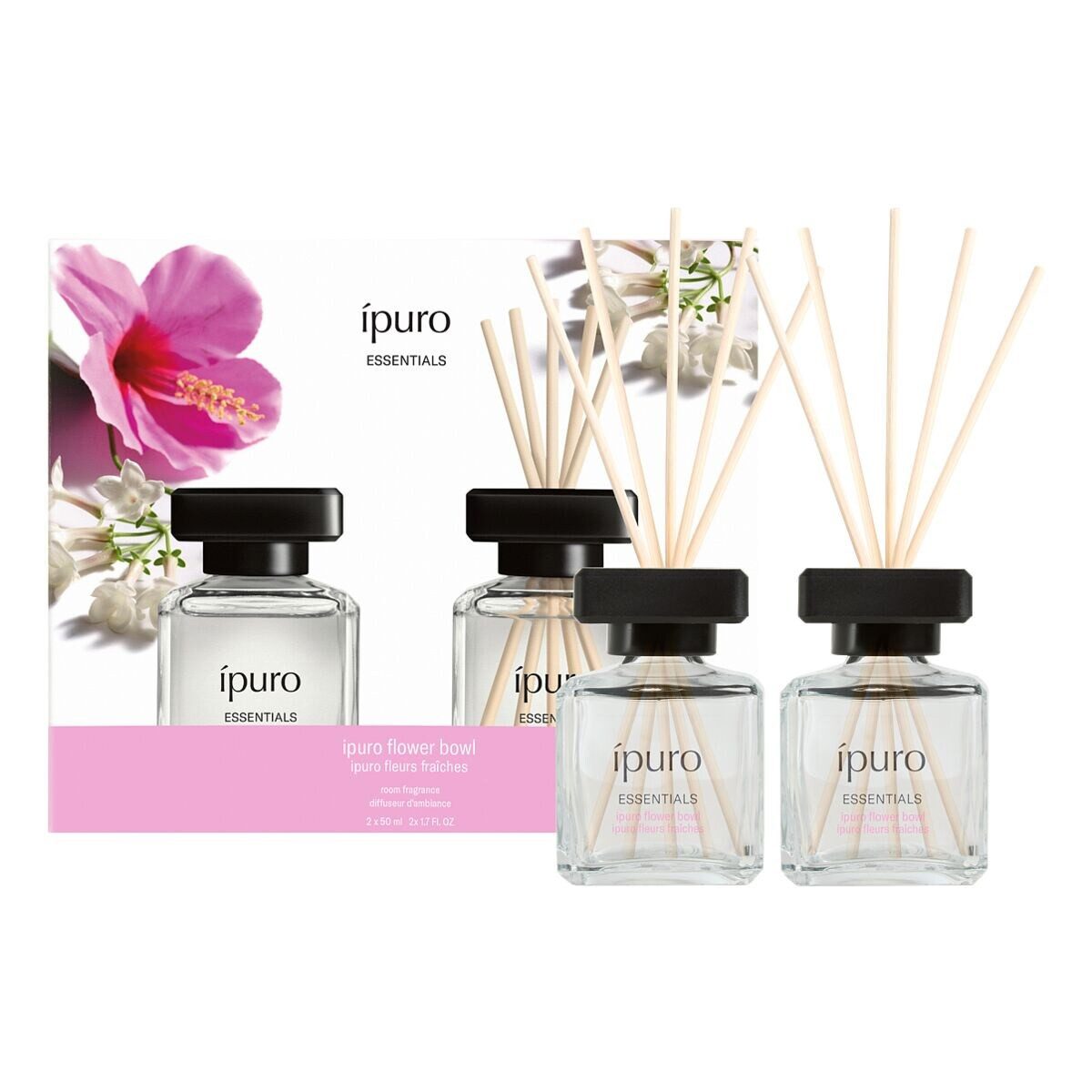 IPURO Raumduft Flower Bowl, 2x 50 ml, Glasflakon mit Rattan-Holzstäbchen