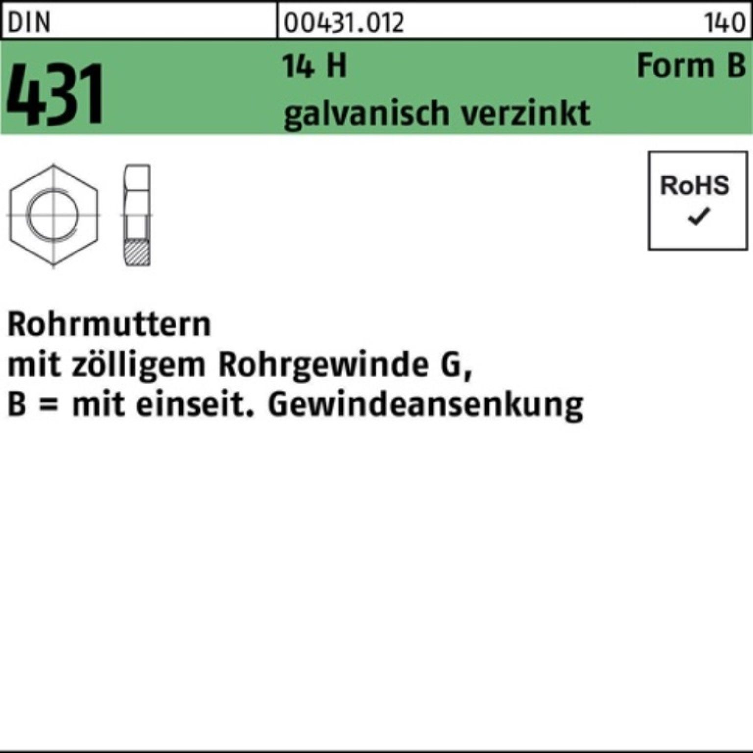 Reyher Rohrmutter 100er Pack Rohrmutter DIN 431 BG 3/8 14 H galv.verz. 50 Stück DIN 431