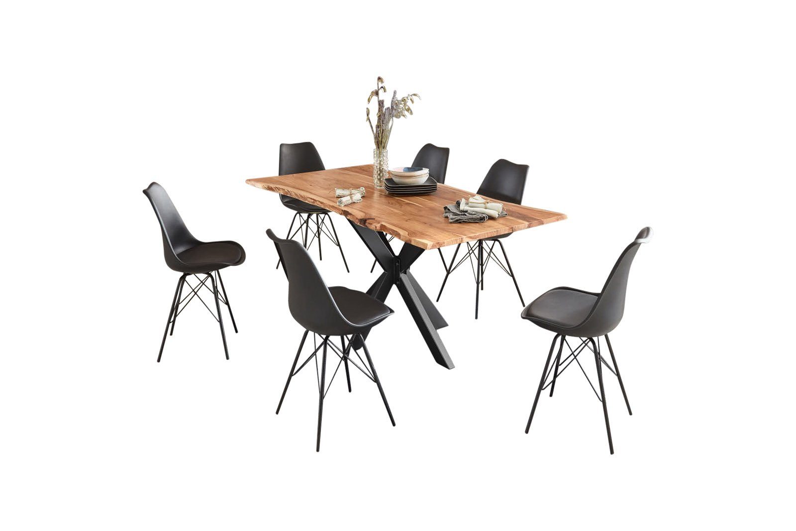 SAM® Essgruppe Harbor, Akazienholz, Baumkante massiv, Metallgestell Spider-Form + 6 Stühle