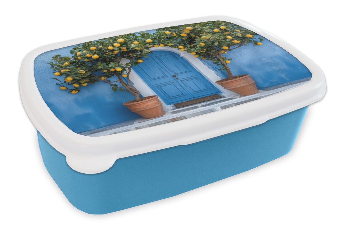 MuchoWow Lunchbox Zitronenbäume - Gelb - Tür - Töpfe, Kunststoff, (2-tlg), Brotdose, Lunchbox, Brotbox für Kinder und Erwachsene
