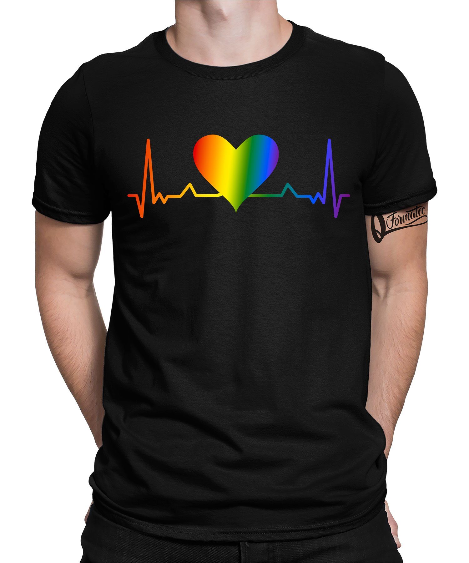 Regenbogen (1-tlg) T-Shirt Gay Stolz Herzschlag LGBT Schwarz Kurzarmshirt - Formatee Herren Pride Quattro
