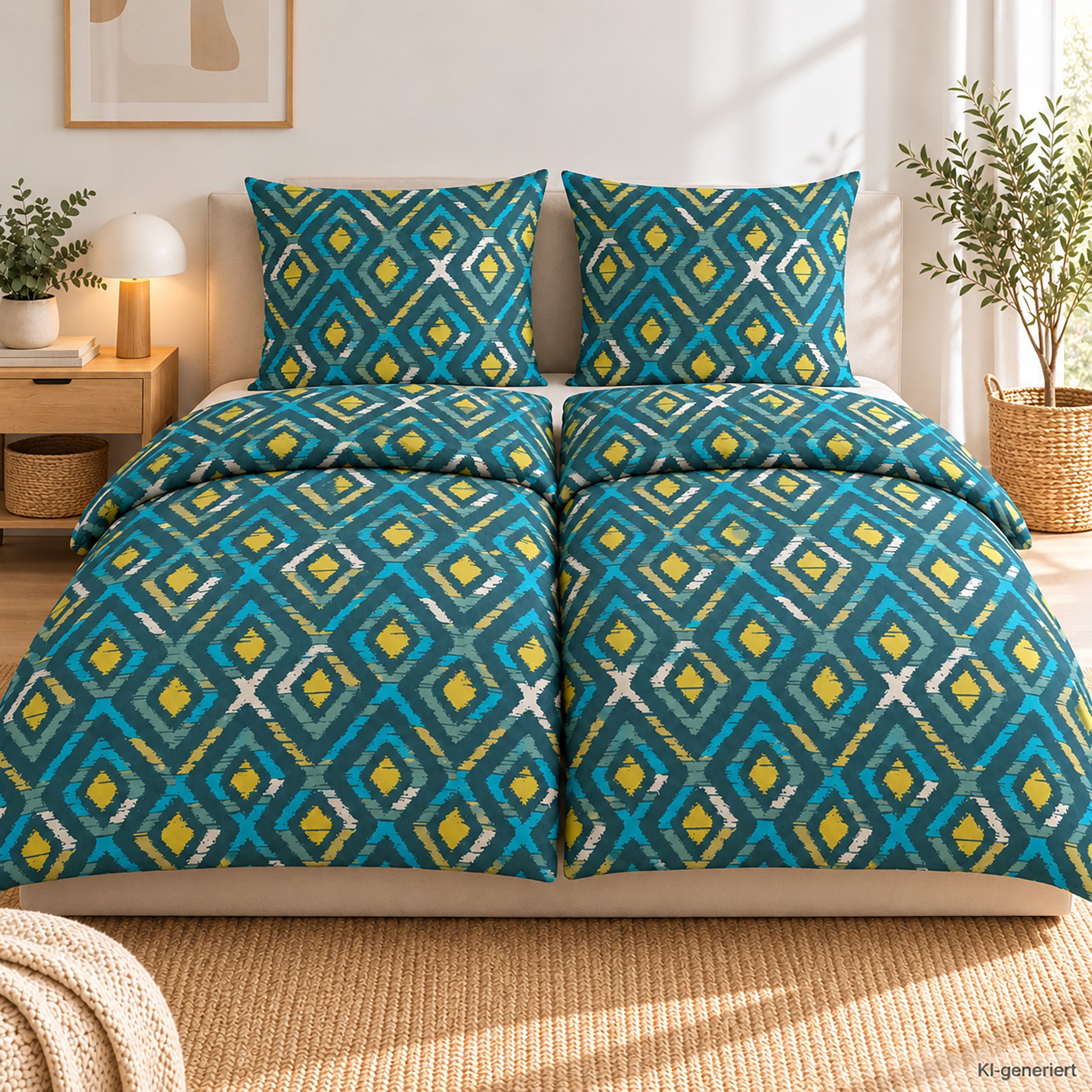 Casa Colori Bettwäsche Biber 135x200cm Petrol Blau Rautenmuster, Biber, 4 teilig, 100% Baumwolle