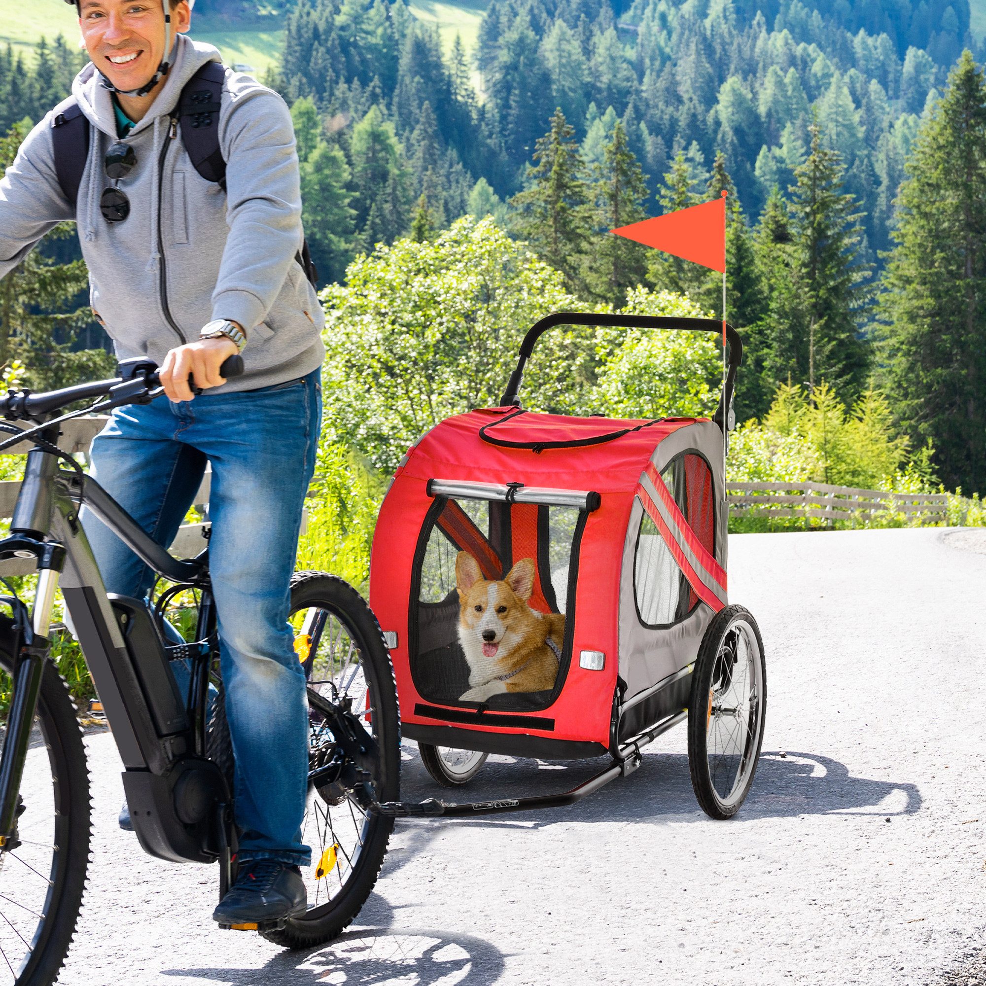PawHut Fahrradhundeanhänger faltbar Hundeanhänger, Haustier Fahrradanhänger, für mittelgroße Hunde, Rot