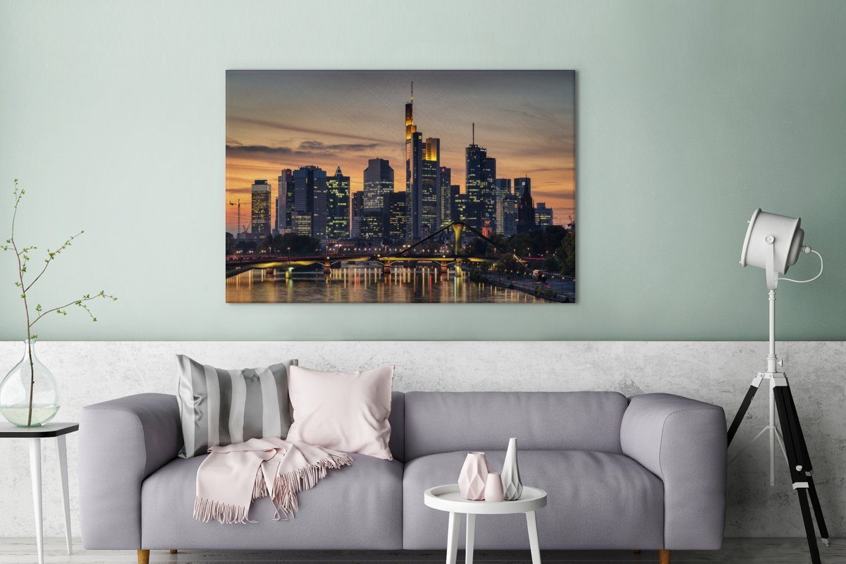 OneMillionCanvasses® Leinwandbild Frankfurter Skyline großes, für cm bei Gemälde, Sonnenuntergang vom Main aus, Deutschland, XXL, alle 120x80 Wandbild Wohnbereiche, St), (1