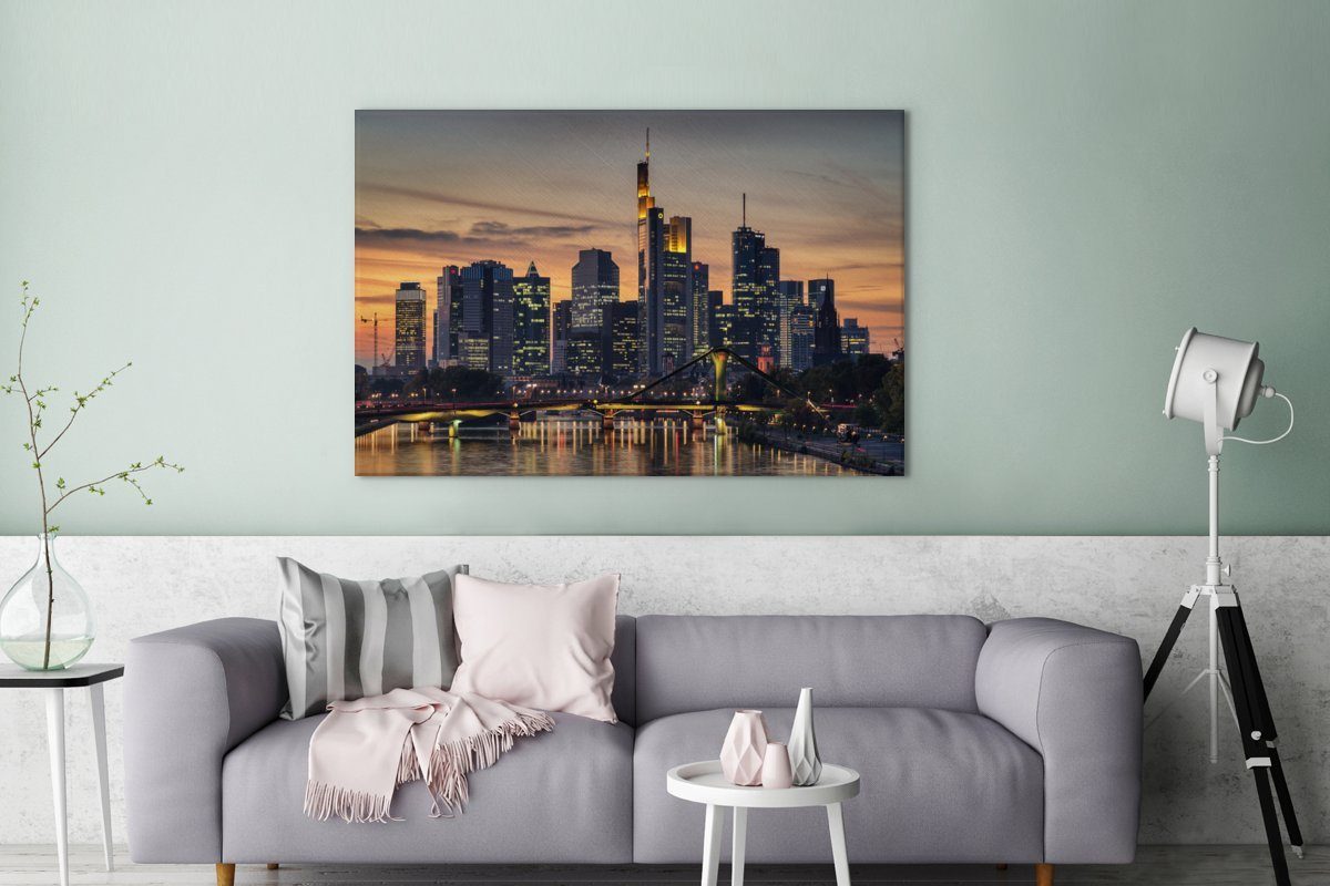 Frankfurter Wohnbereiche, Gemälde, Deutschland, vom für XXL, (1 Leinwandbild St), 120x80 Main alle großes, cm Sonnenuntergang bei OneMillionCanvasses® Wandbild aus, Skyline