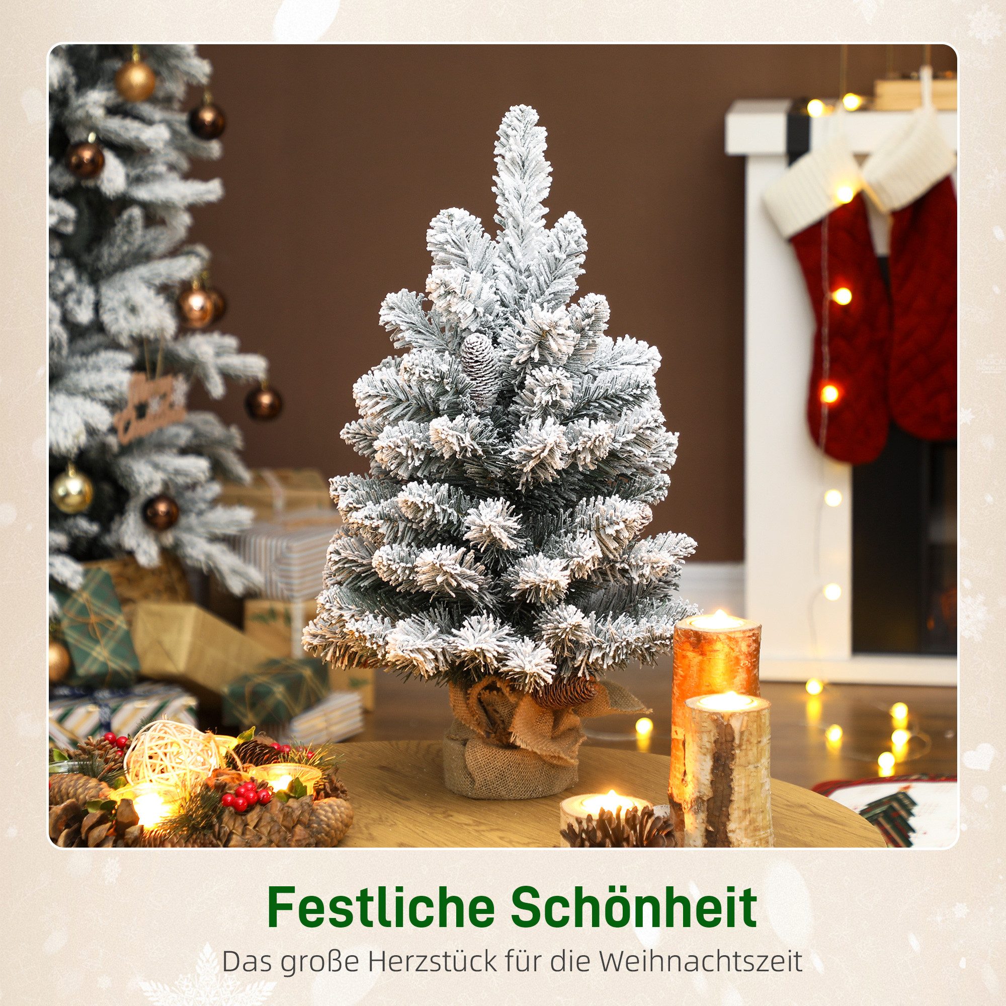 HOMCOM Künstlicher Weihnachtsbaum Mini 60 cm künstlich mit Schnee, Christbaum Weihnachtsdeko, Tannebaum, Realistisches Aussehen, Grün+Weiß – Bild 4 von 5