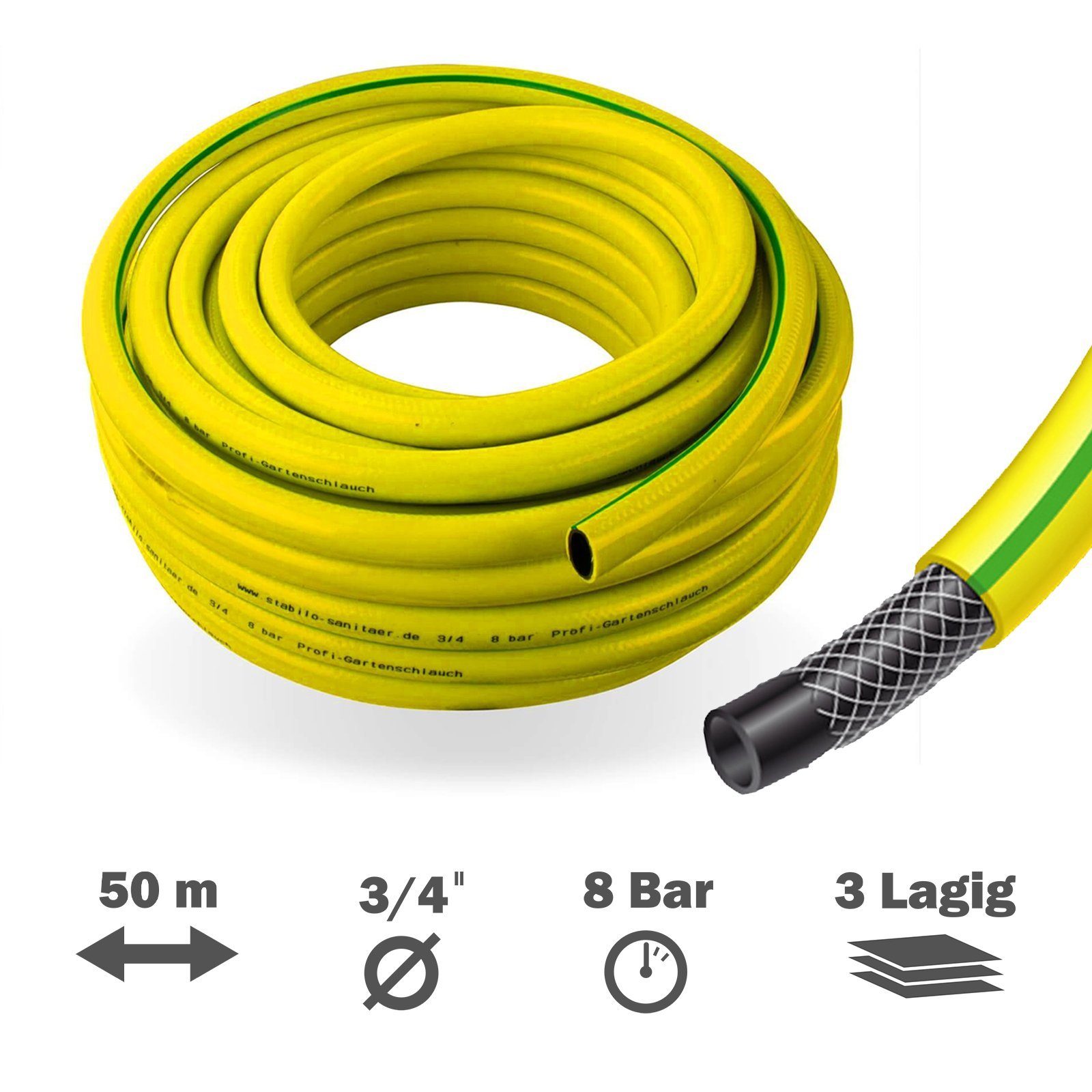 APD Schlauchtechnik Gartenschlauch Gartenschlauch Gelb 3/4 Zoll 50 m 3-lagig verstärkt knickfest